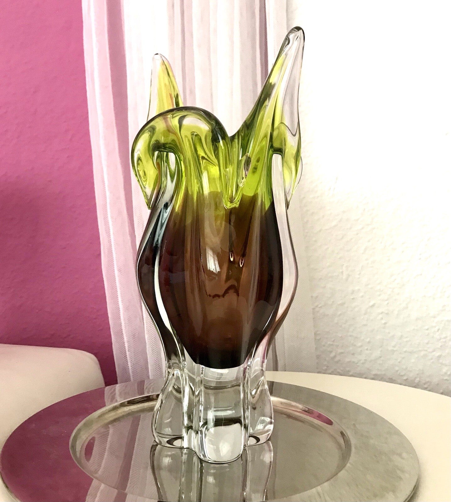 Vintage große Glasvase Vase Chribska 60er Jahre Glas Hospodka grün aubergine