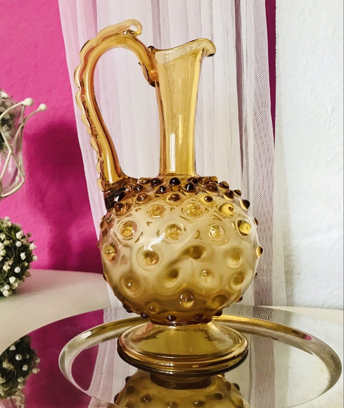 Murano Barovier Tosso ? 60er Karaffe Kanne Vase Glas Gelb Noppen Dubben Abriss