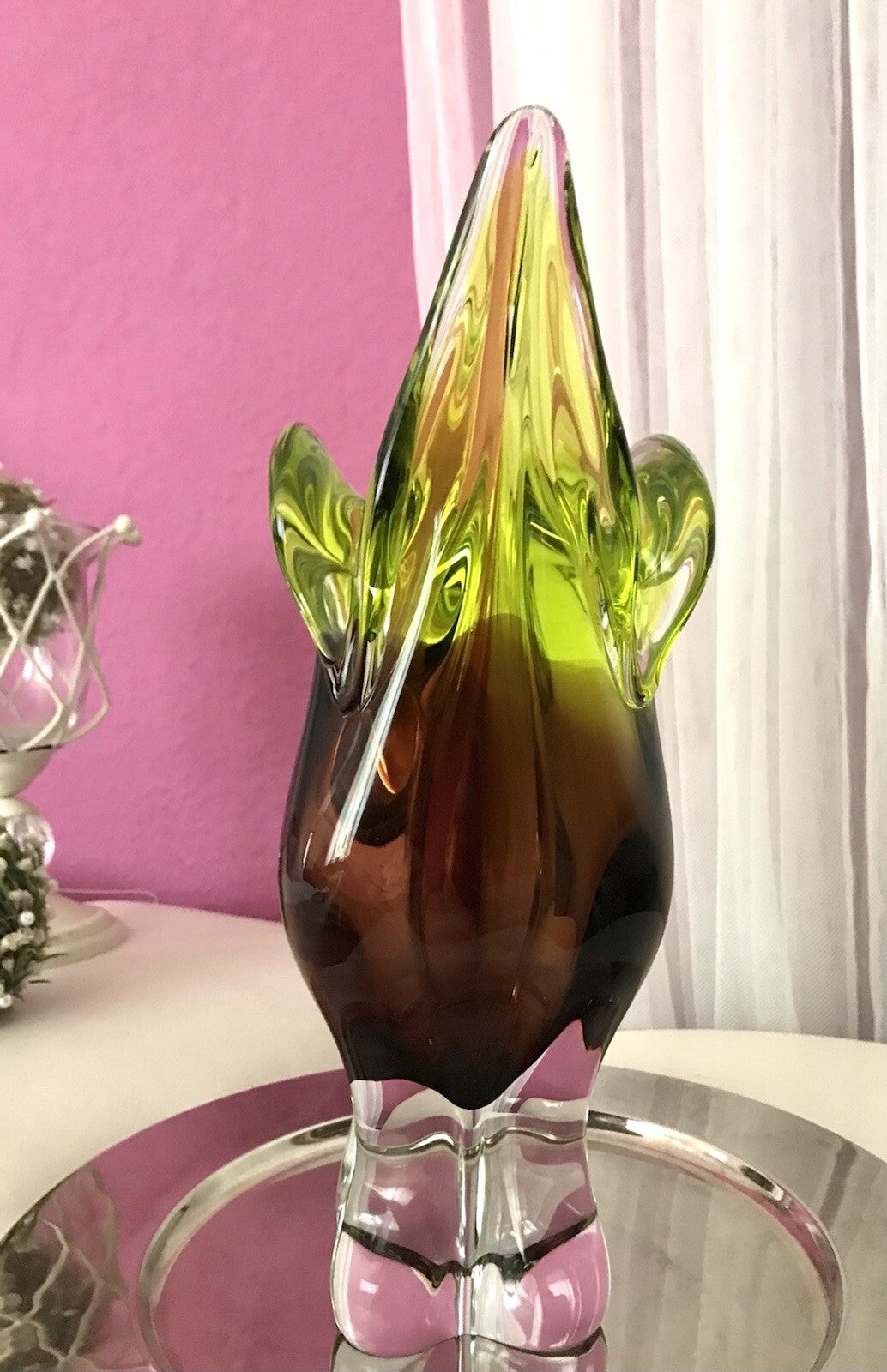 Vintage große Glasvase Vase Chribska 60er Jahre Glas Hospodka grün aubergine