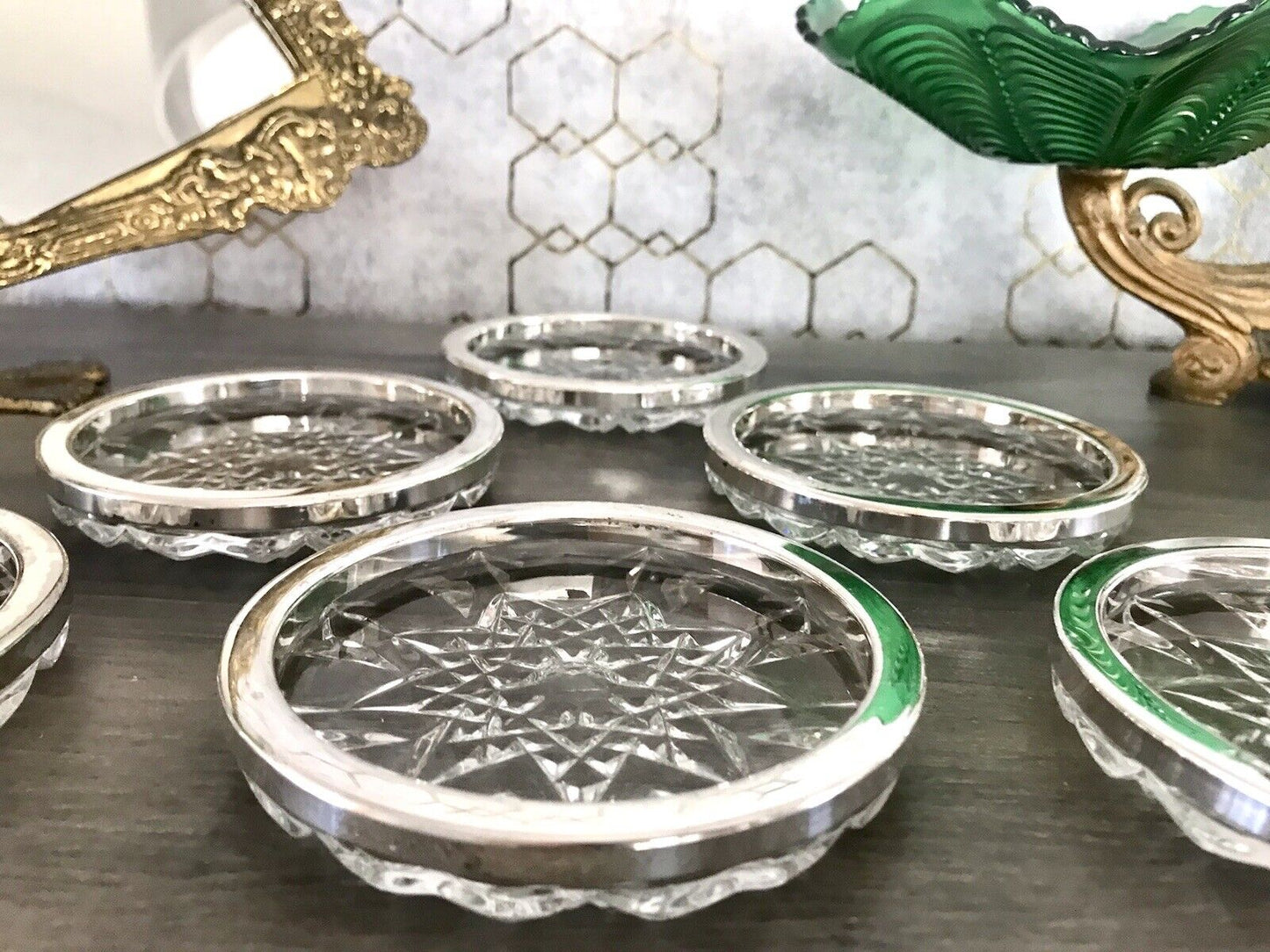 Vintage 6x Untersetzer für Weingläser Glas Kristallglas Bleikristall versilbert