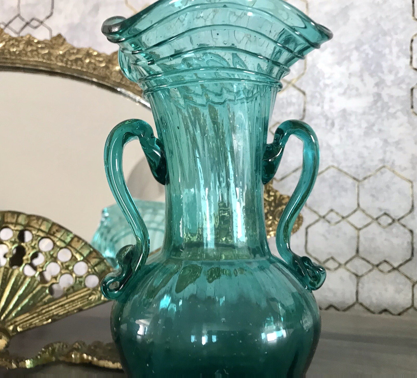 Antik Glasvase Vase Türkis Blau Glas Abriss Aufschmelzungen Murano?