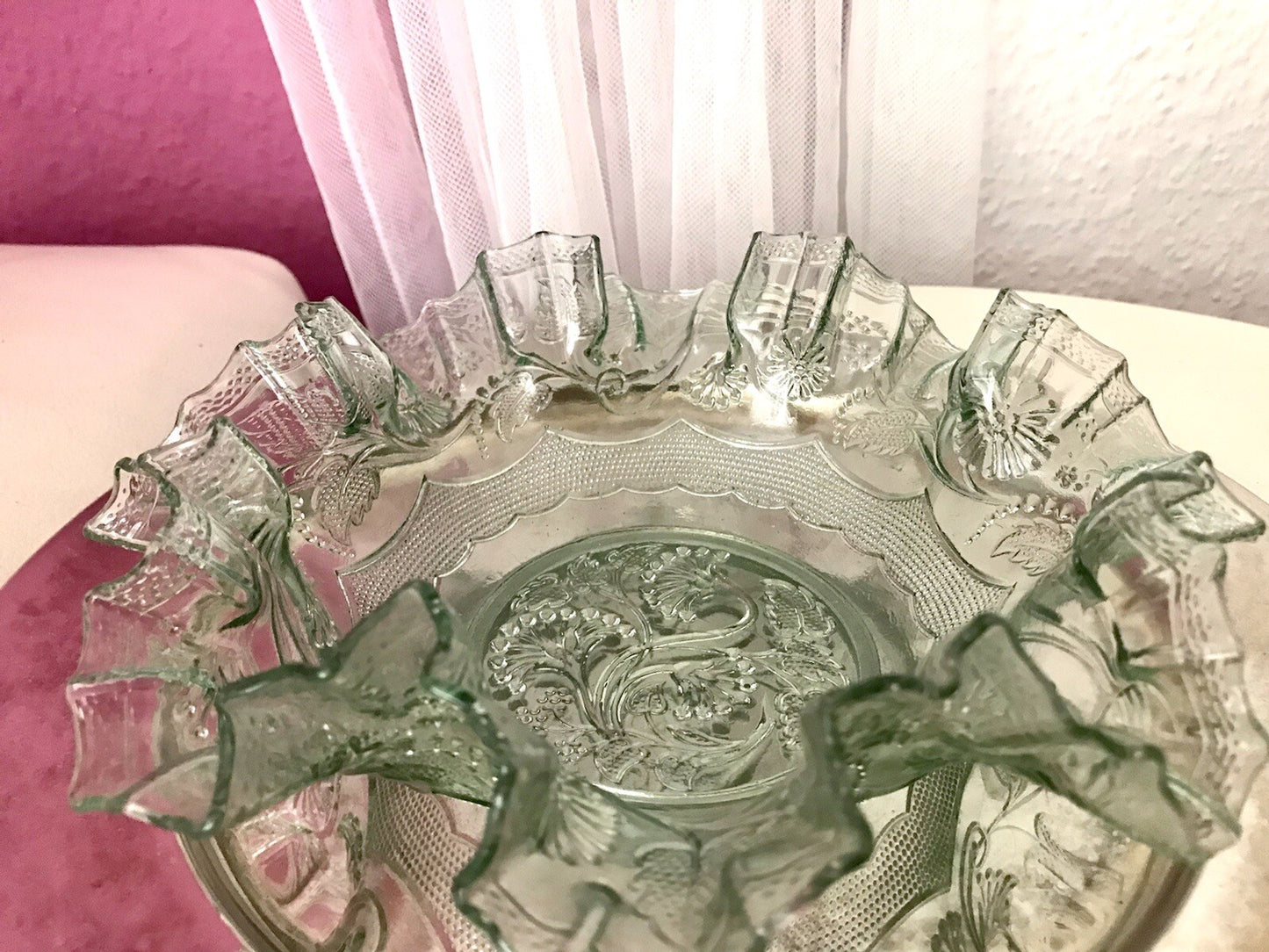 Antik Jugendstil gewellter Serviettenrand Pressglas Schale Glas so schön! grün