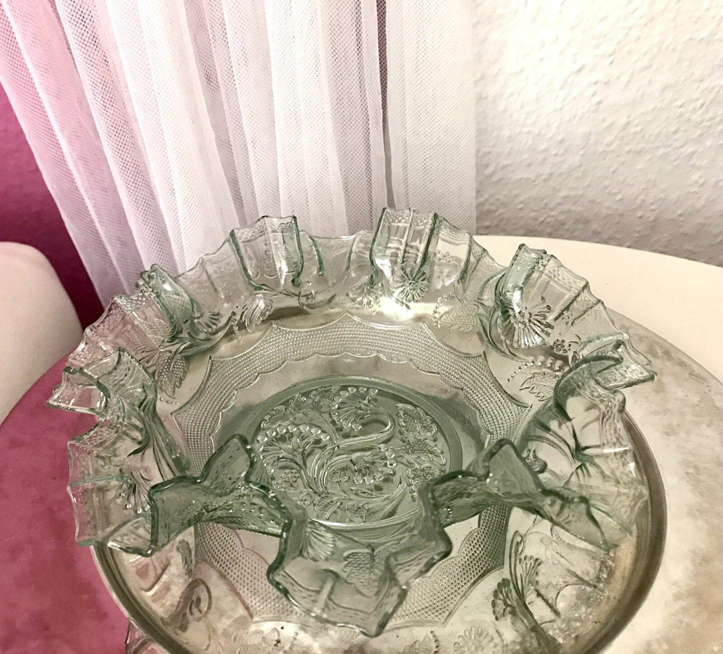 Antik Jugendstil gewellter Serviettenrand Pressglas Schale Glas so schön! grün