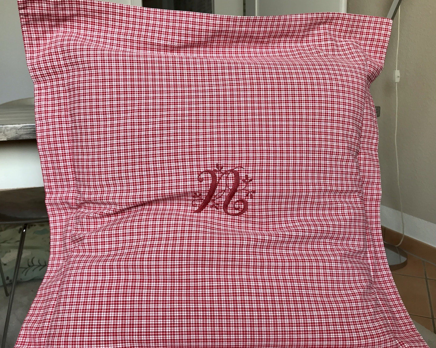 Antik? Vintage Alt Kopfkissen Bezug Baumwolle Monogramm N Stehsaum rot kariert