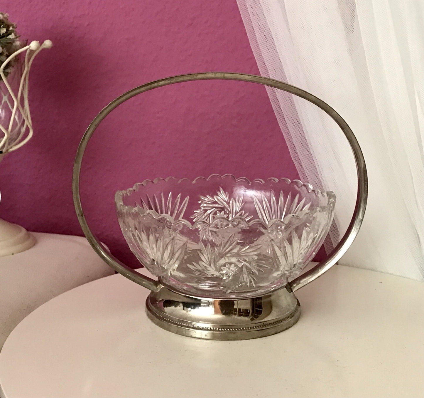 Antik Art Déco Schale Tafelaufsatz Pressglas Metallmontur Korb