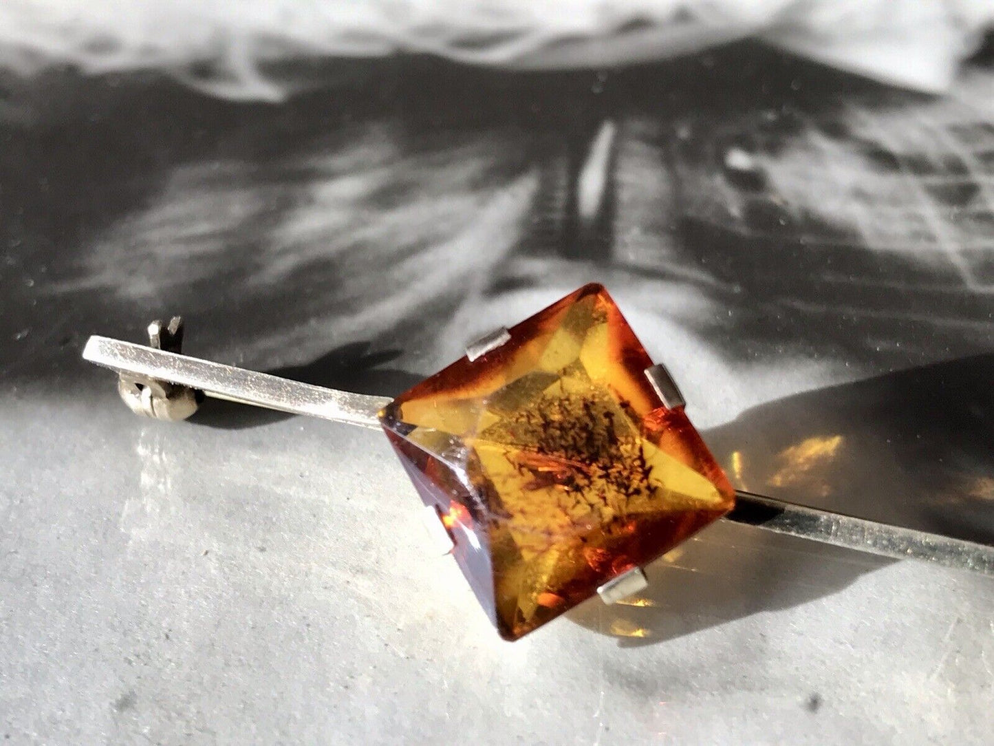 Antik Art Déco Edel Stabbrosche Silber 925 Bernstein vergoldet Brosche