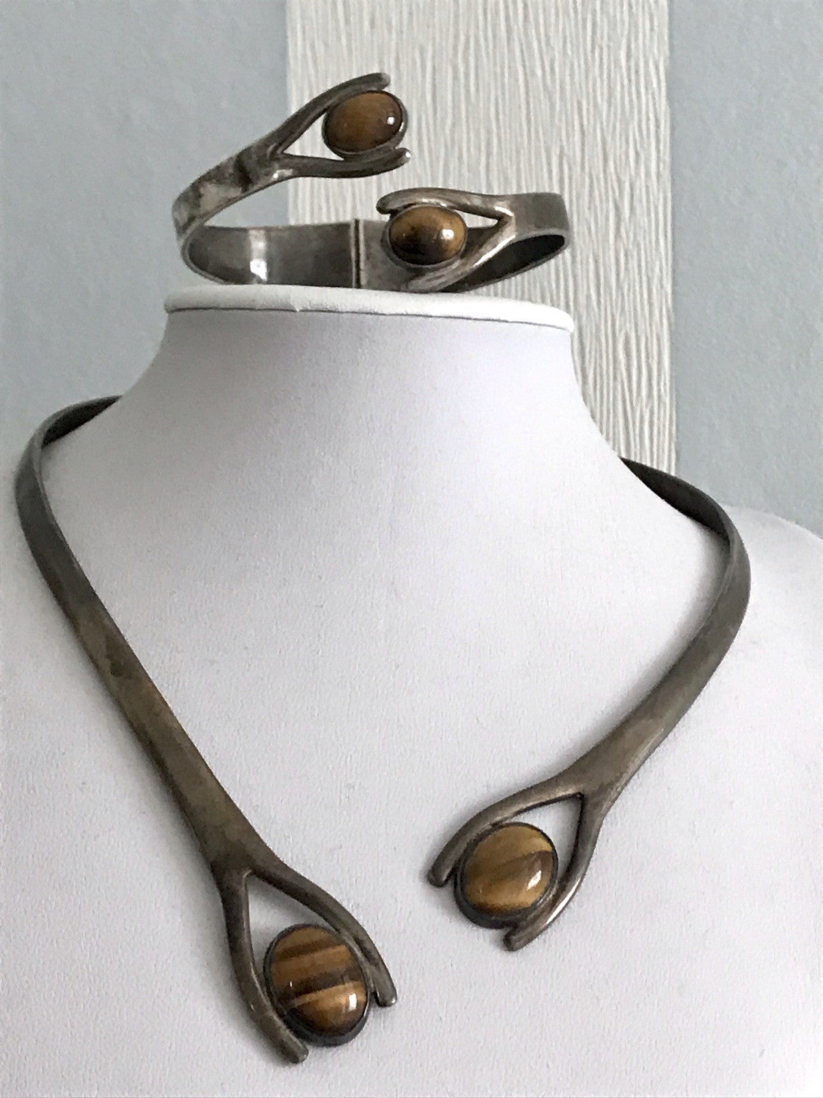 Vintage Set Halsreif Armspange Armband Collier 925 Silber Halskette Tigerauge