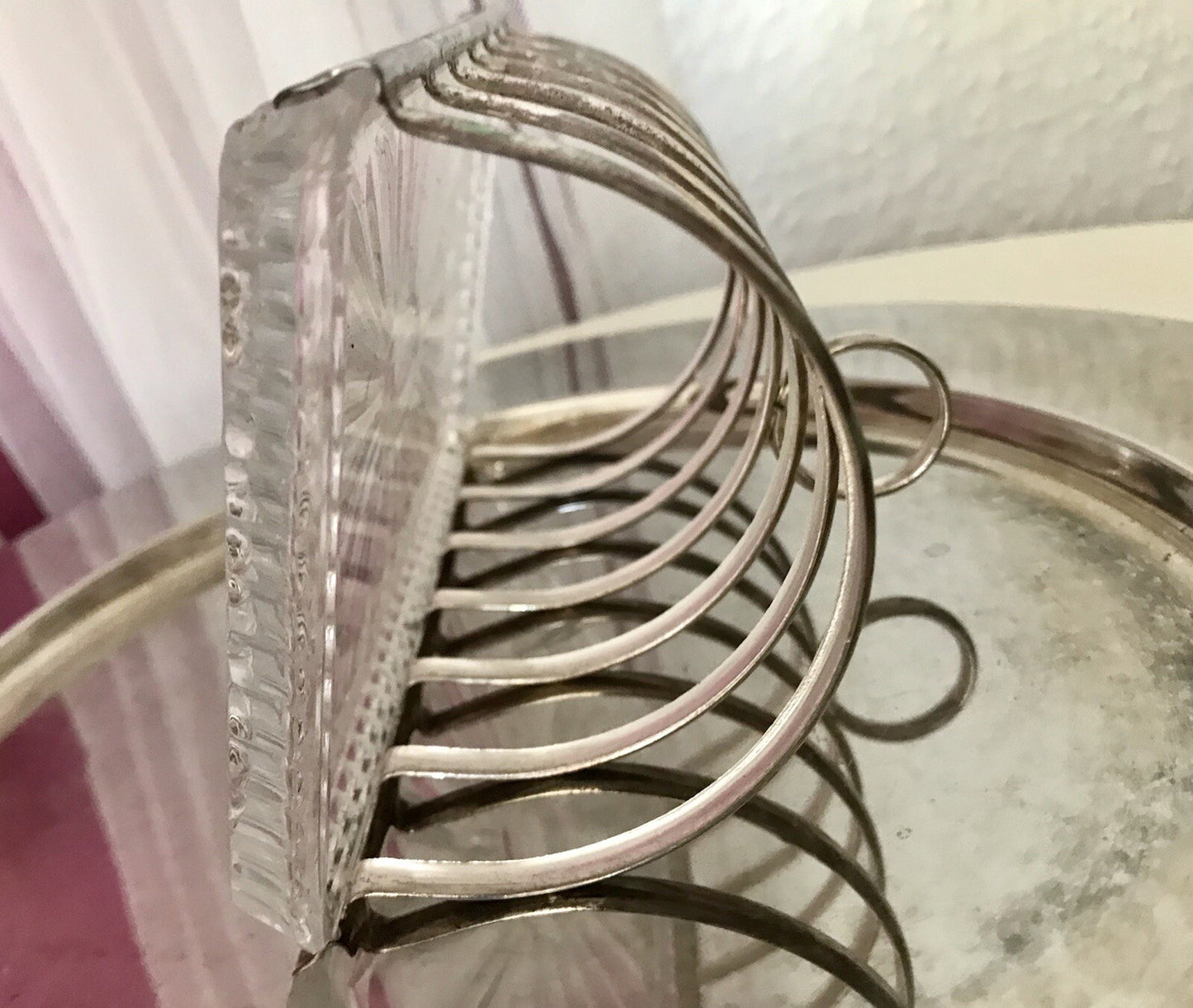 Vintage Toastbrot Ständer Halter versilbert Glaseinsatz Kristallglas 60er Jahre