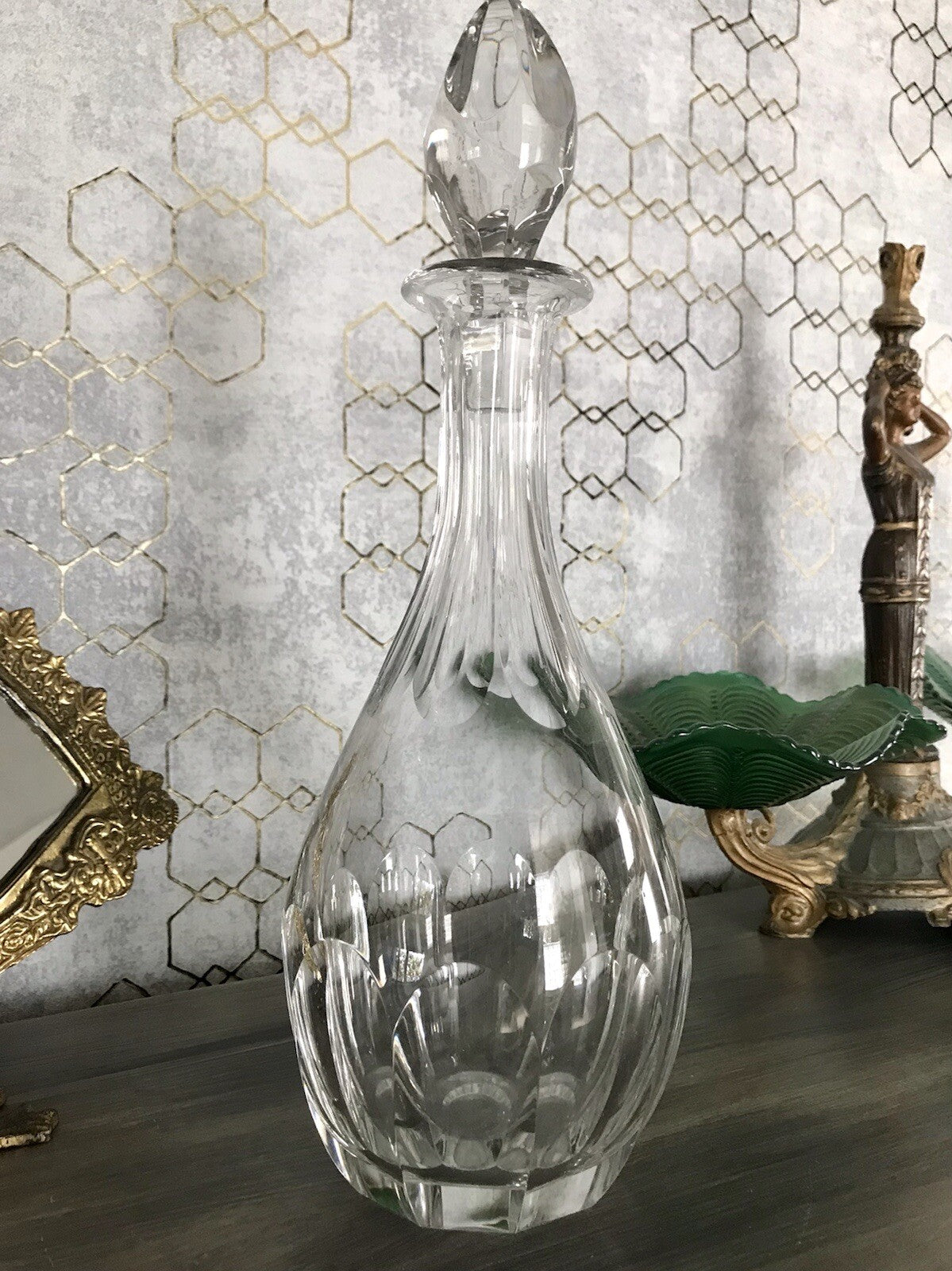 Vintage Art Déco Stil Glaskaraffe Karaffe Bleikristall Edel Stopfen Schälschliff