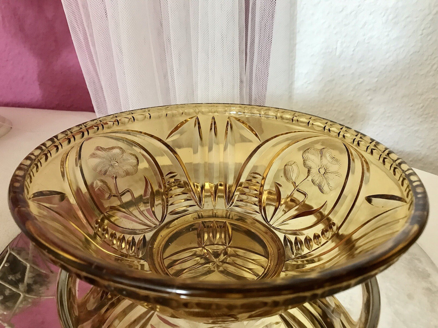 Antik Art Déco Vintage Pressglas Schale gelb Klatschmohn