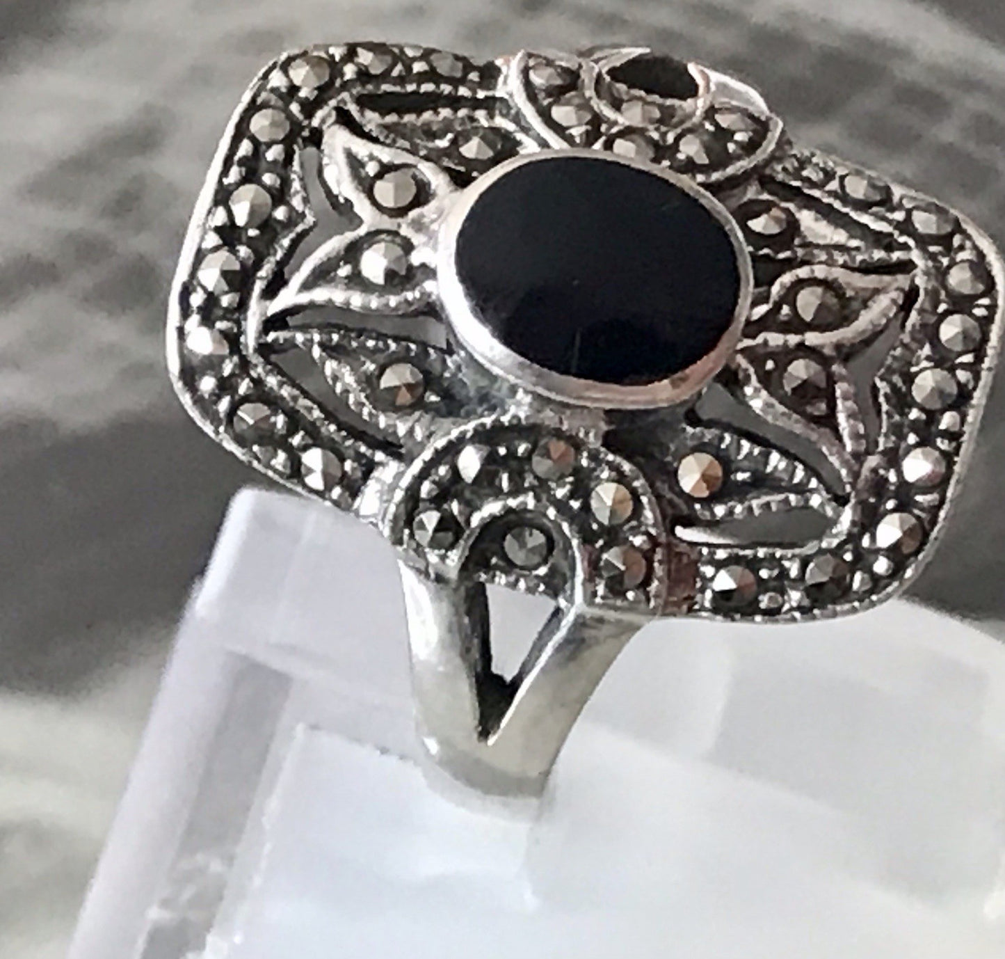 Antik Art Déco Damen Schiffchen Ring 925 Silber Gr.60 Onyx Markasite
