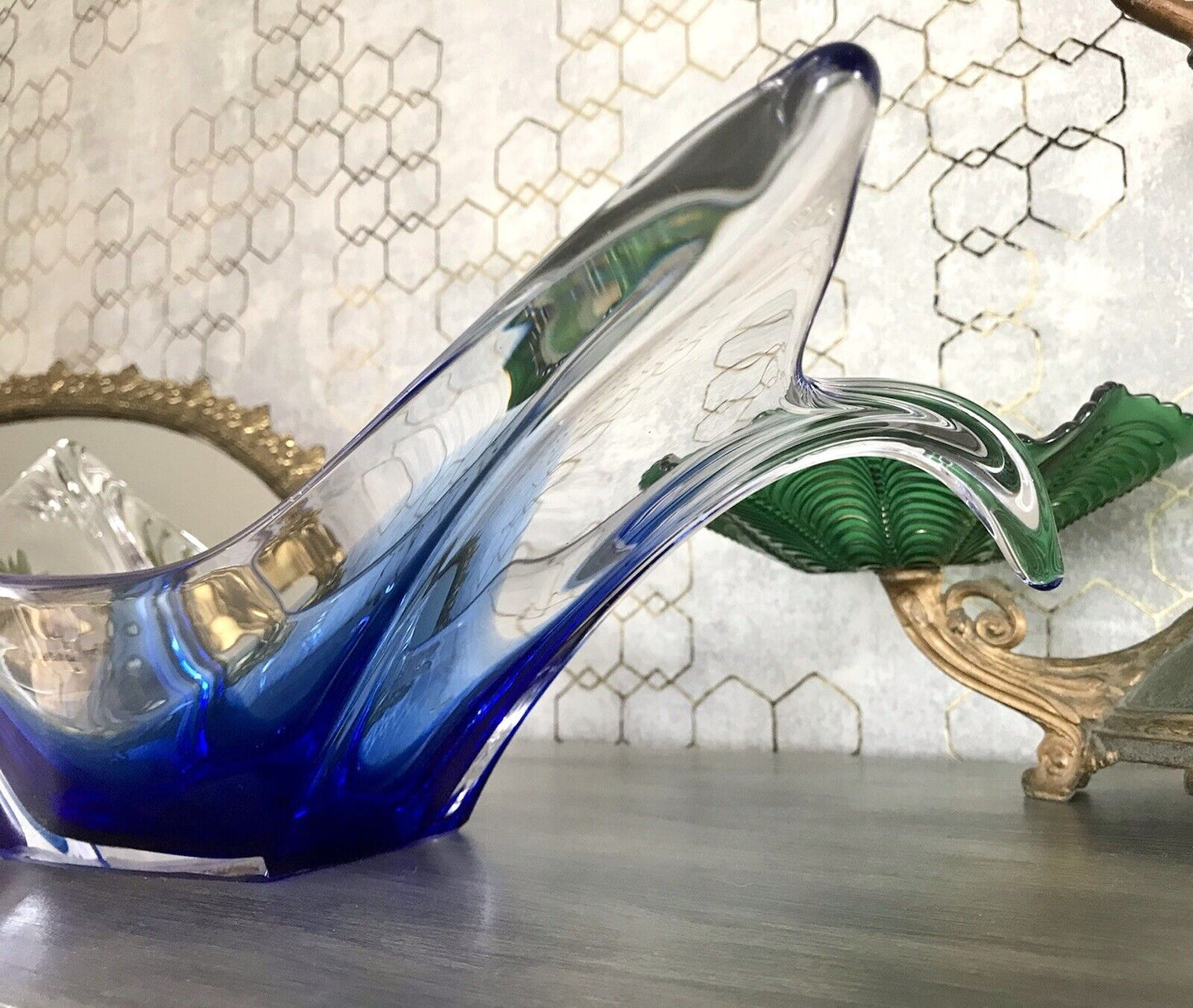 Murano 60er 70er Jahre Schale Glas zipfelig blauer Zwischenfang im Klarglas