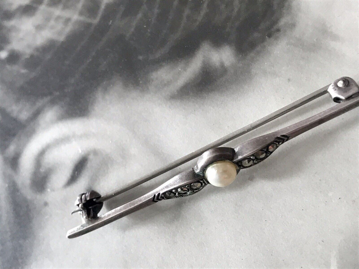 Antik Art Déco Edel Stabbrosche 835 Silber Brosche Markasiten Perle So Schön!