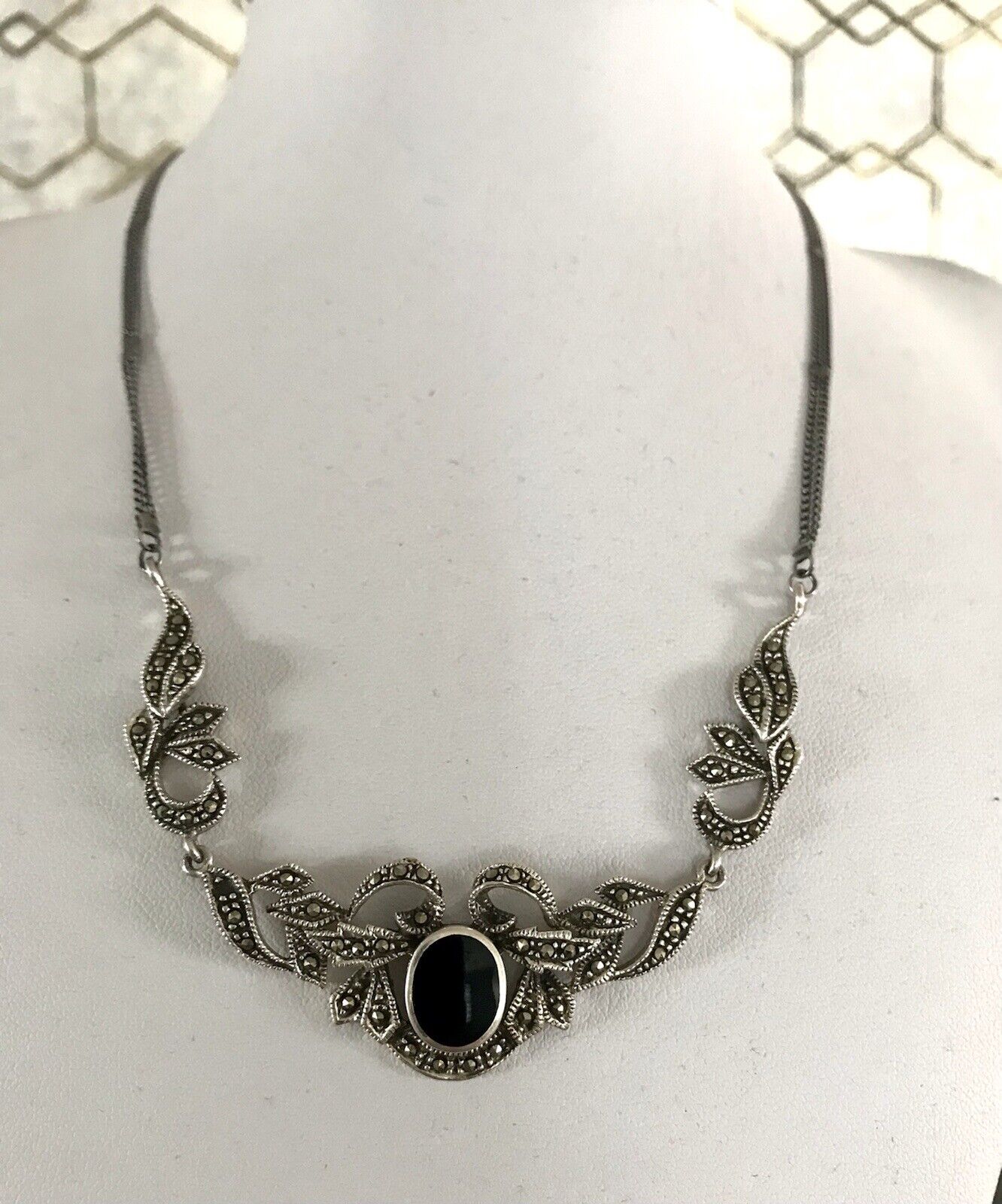 Antik Edel Jugendstil Art Déco 925 Silber Collier Halskette mit Onyx & Markasite