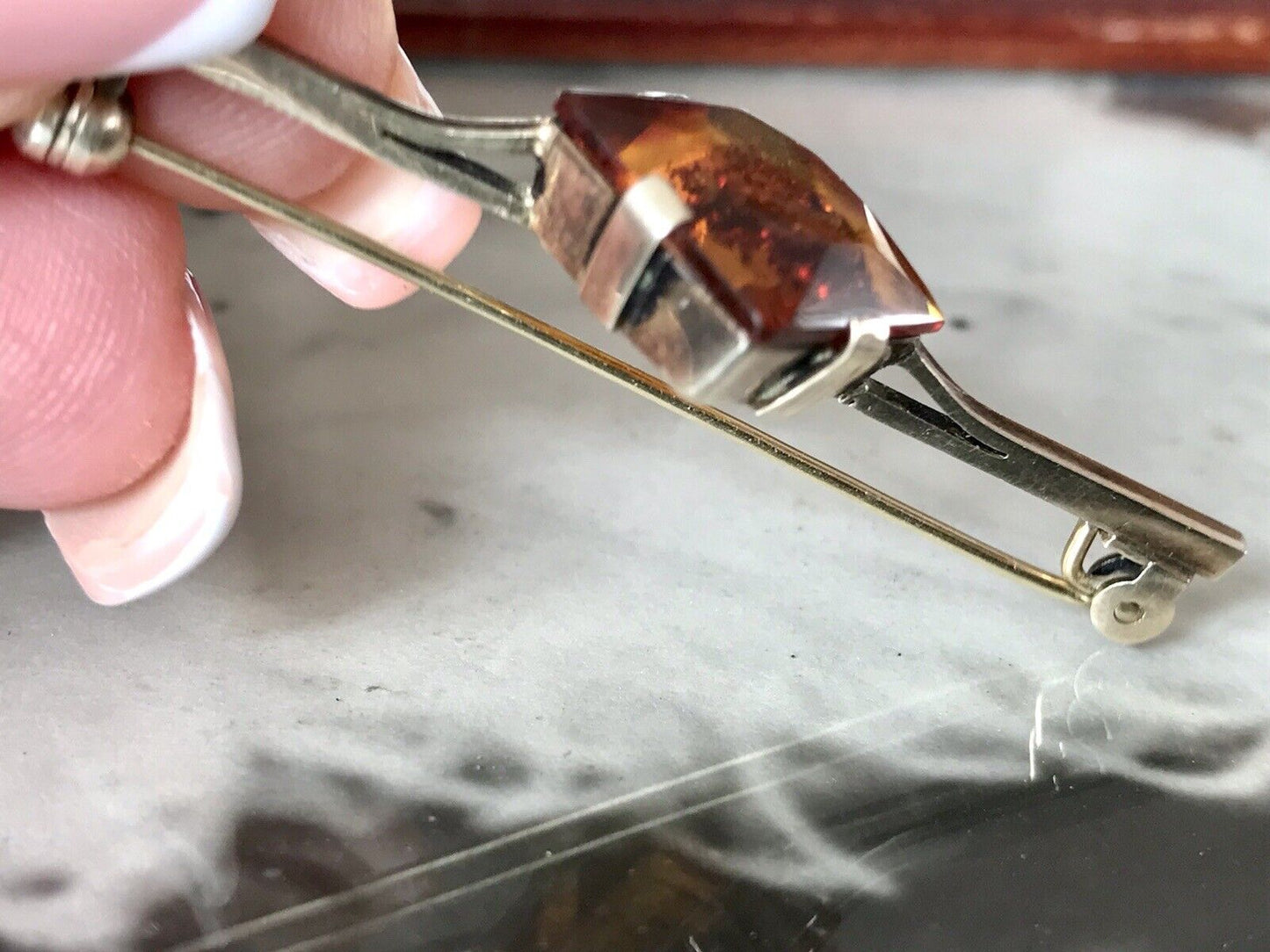 Antik Art Déco Edel Stabbrosche Silber 925 Bernstein vergoldet Brosche