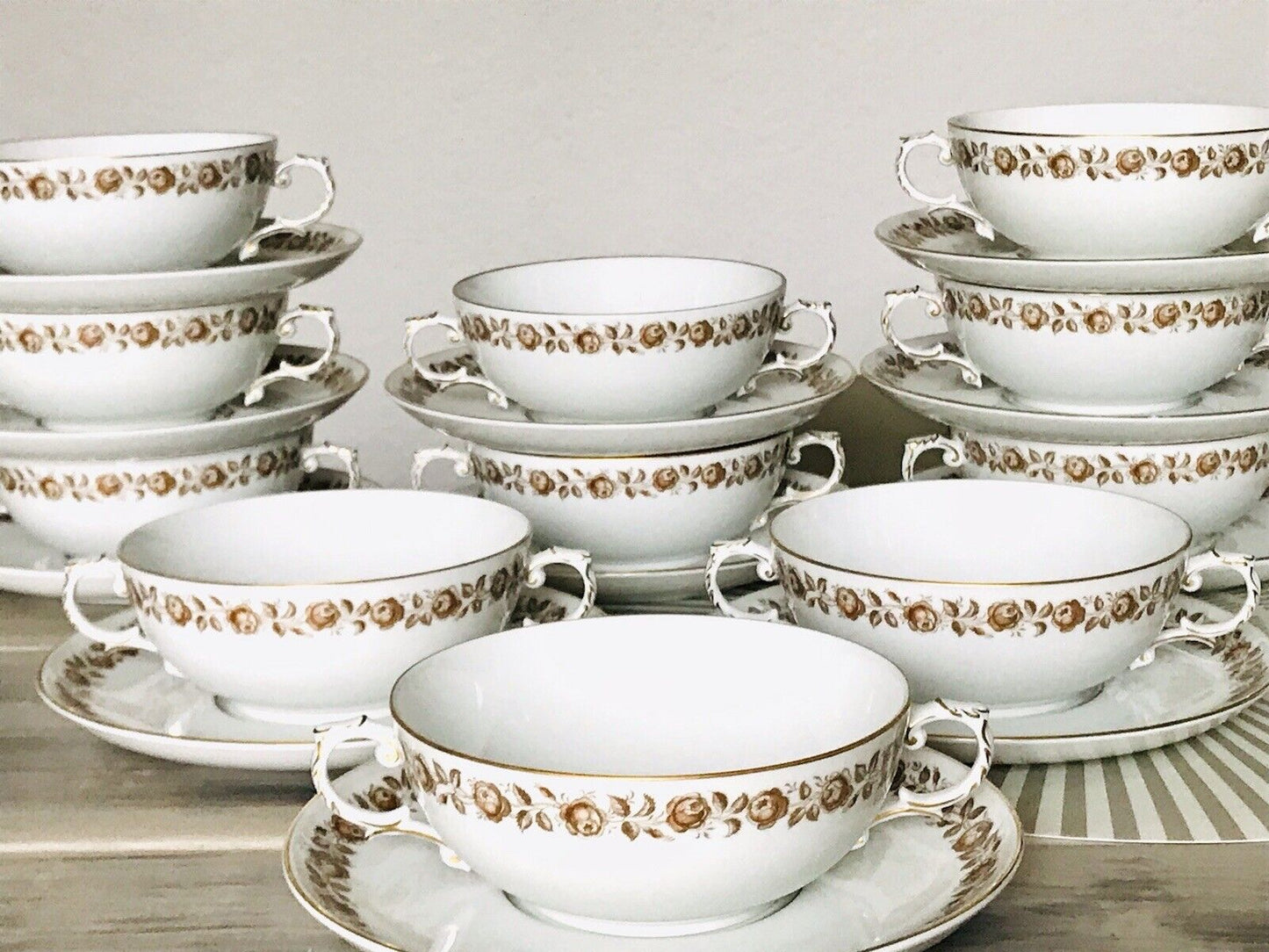 Vintage Porzellan Tafelservice Fürstenberg 12 Suppentassen weiß braun gold
