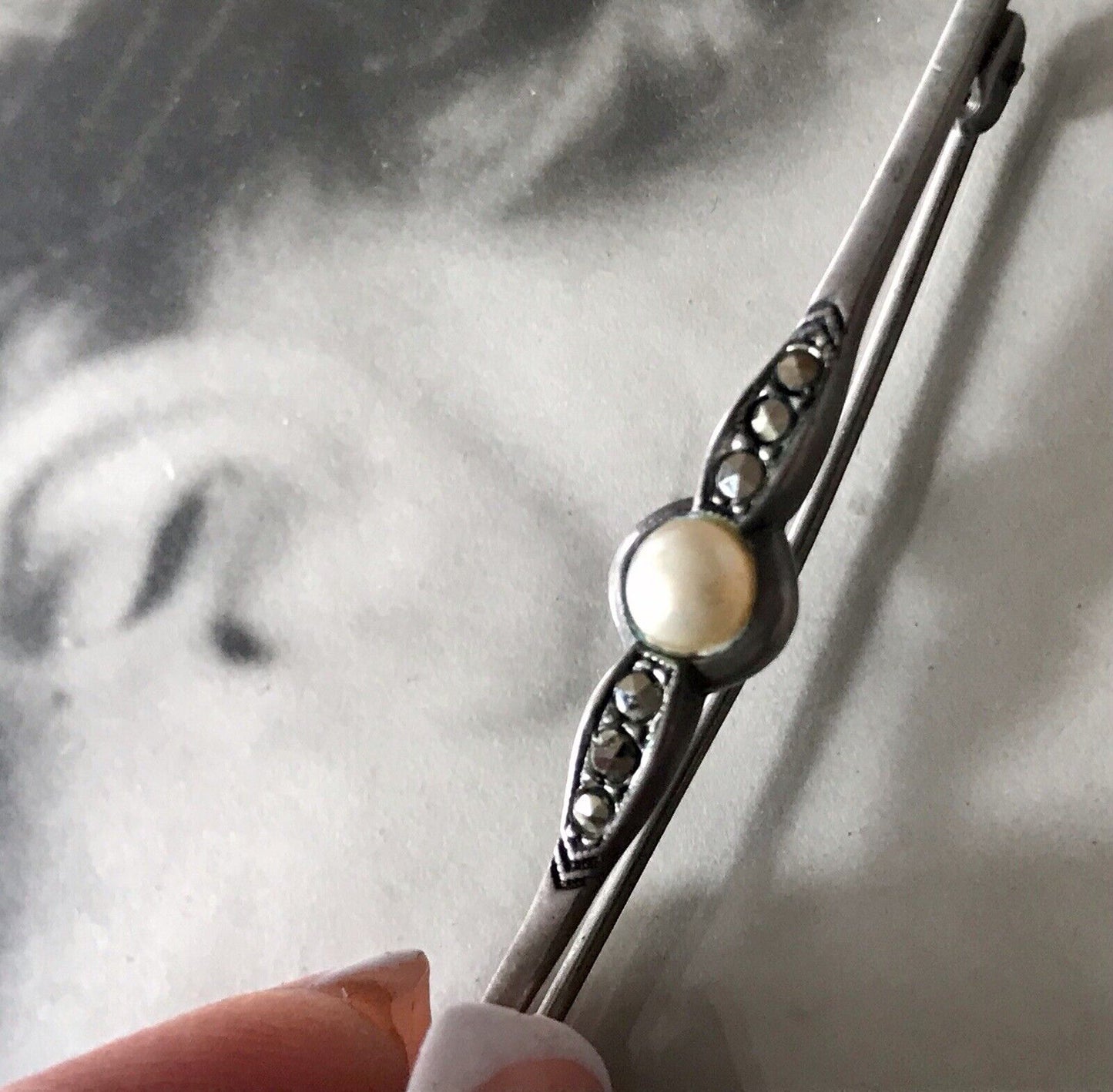 Antik Art Déco Edel Stabbrosche 835 Silber Brosche Markasiten Perle So Schön!
