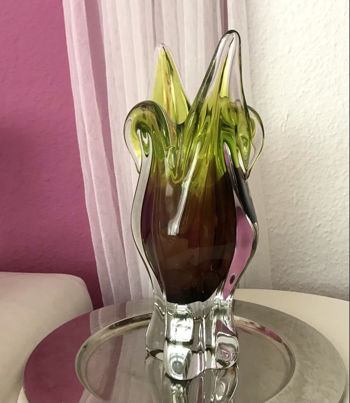 Vintage große Glasvase Vase Chribska 60er Jahre Glas Hospodka grün aubergine