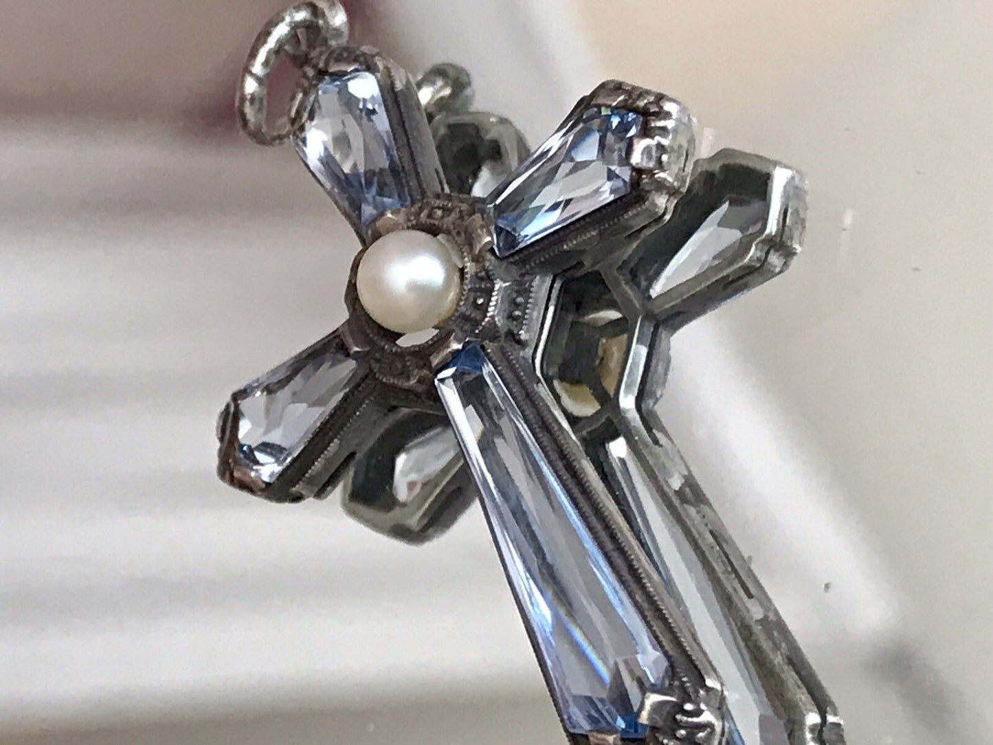 Antik Edel Art Déco Silber Kreuz Anhänger Kettenanhänger blaue Steine Aquamarin?