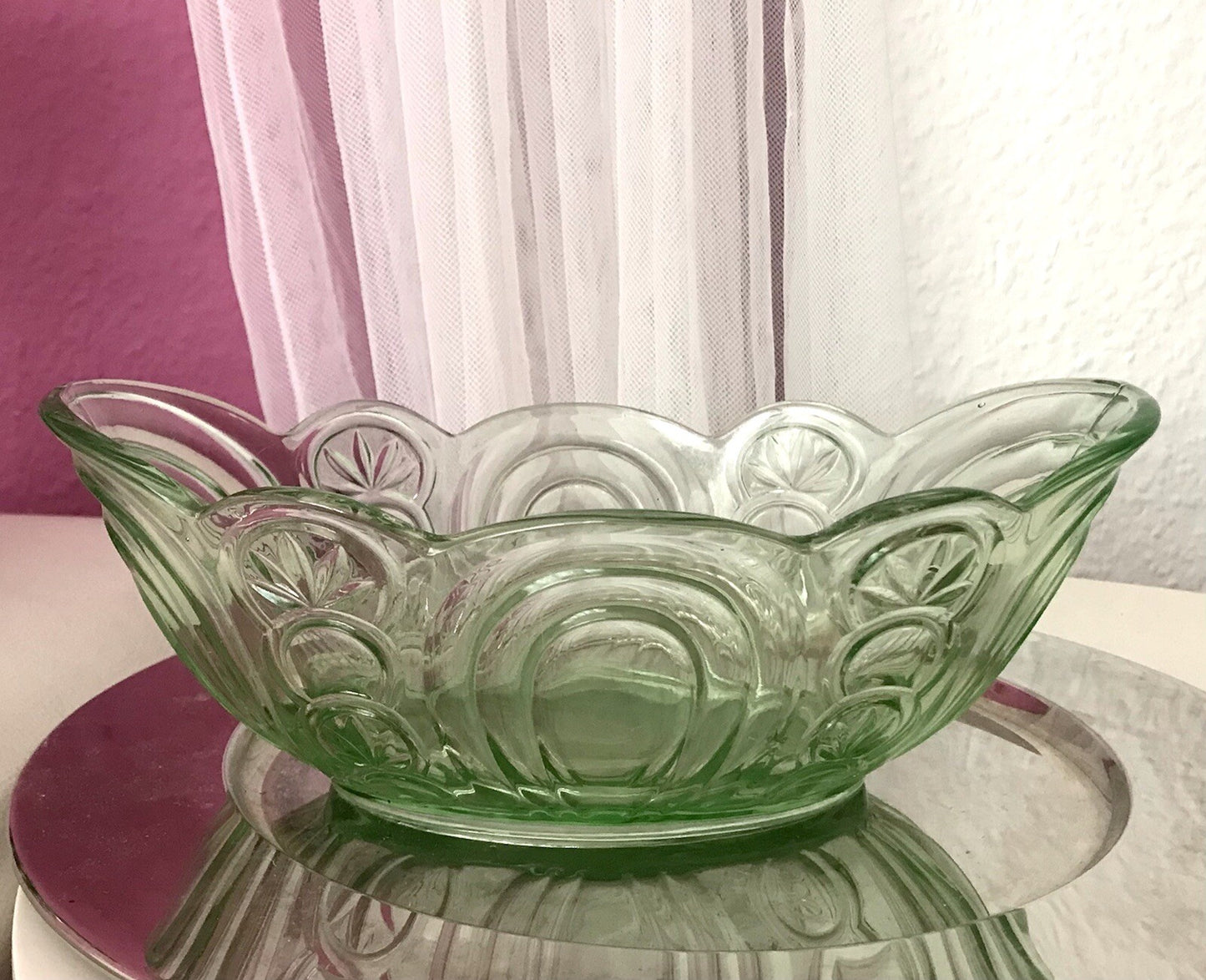 Antik Art Déco Jardiniere Schale Pressglas Glasschale grün Obstschale