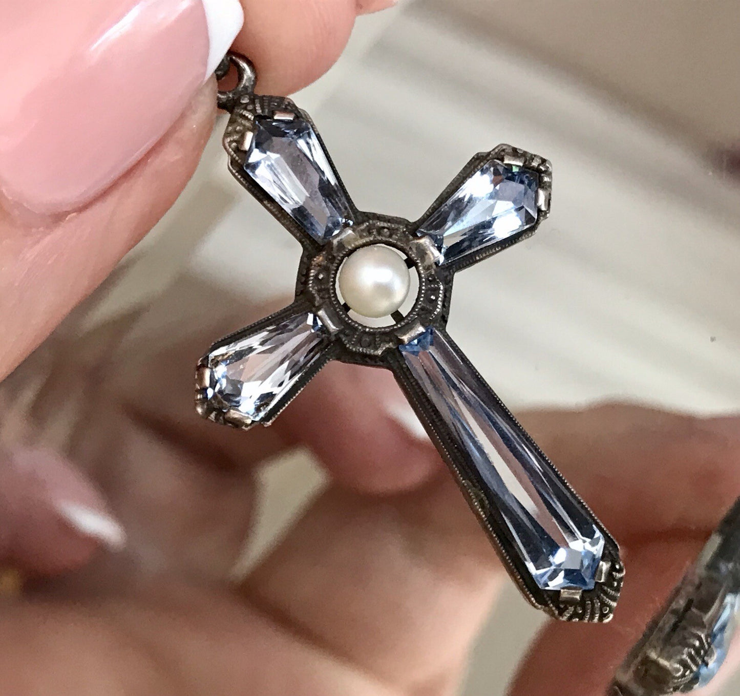 Antik Edel Art Déco Silber Kreuz Anhänger Kettenanhänger blaue Steine Aquamarin?