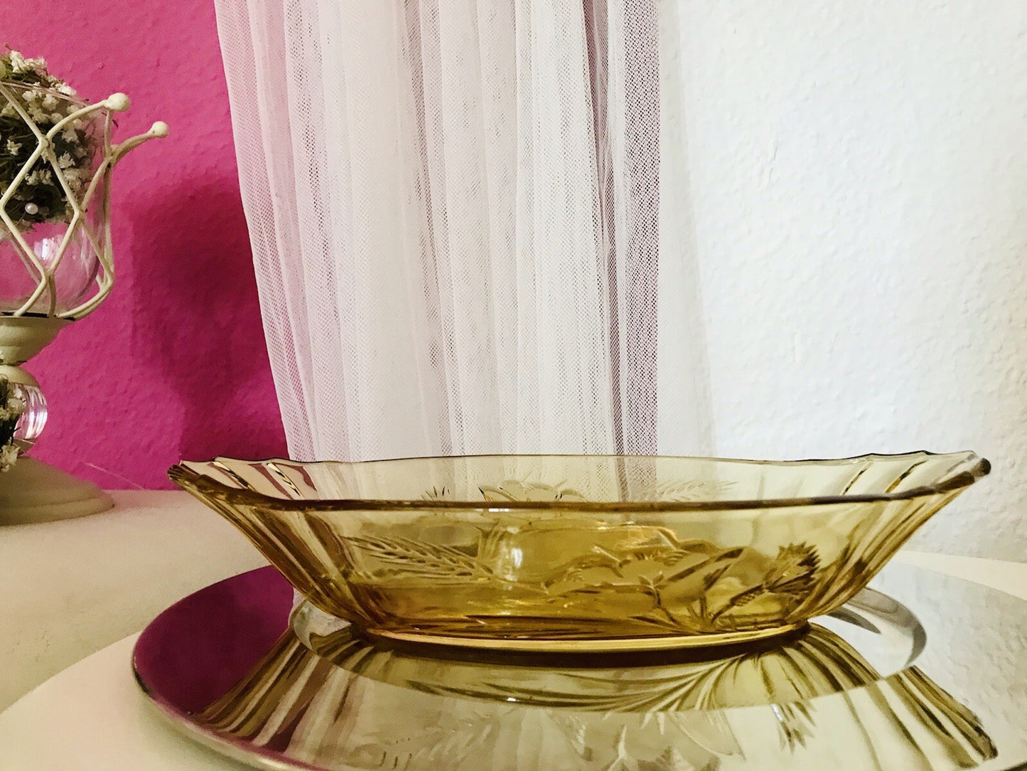 Antik Art Déco Bernstein Farbe gelb Pressglas Schale Jardiniere Glas