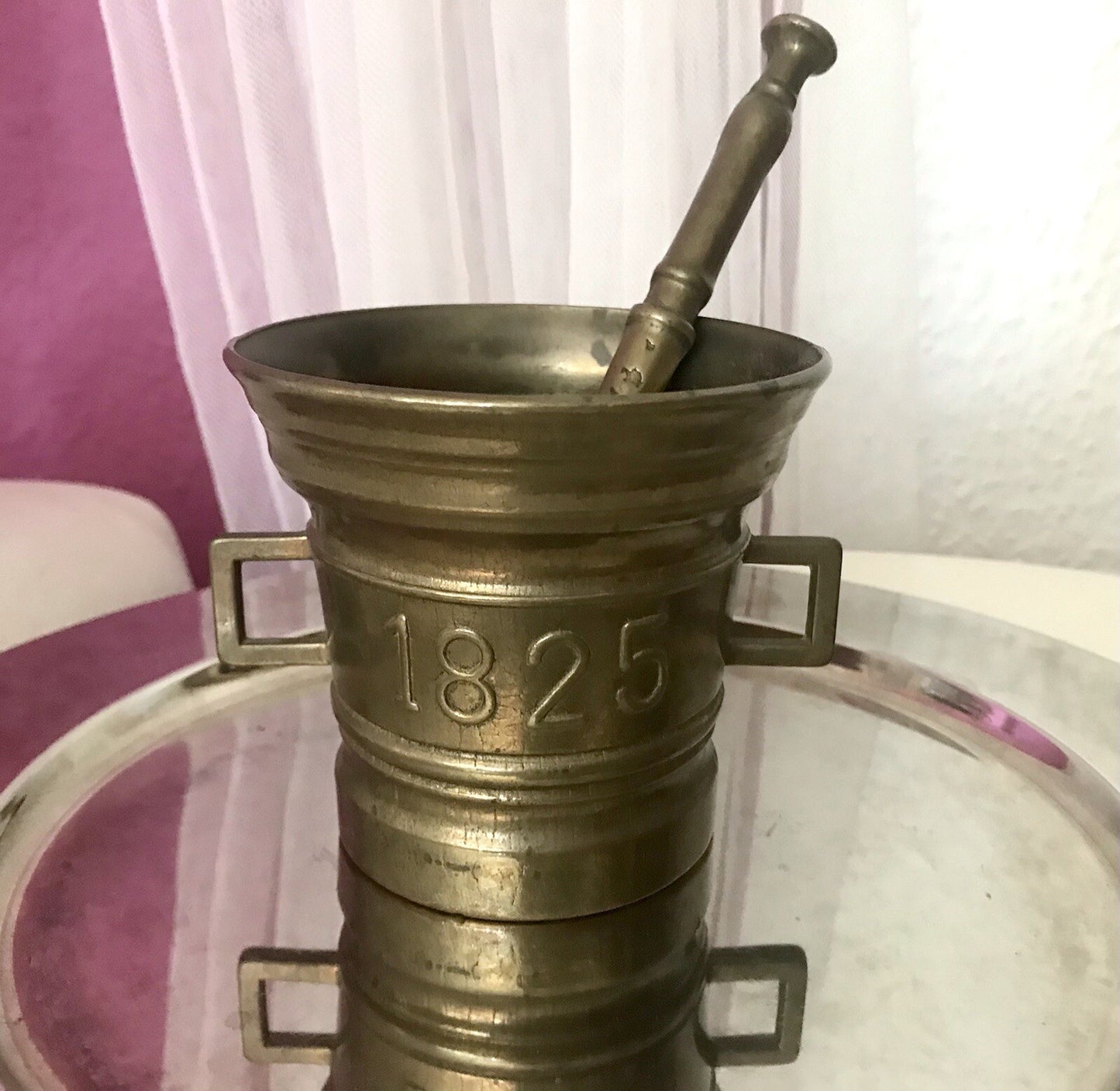 Alt Vintage Messing Mörser mit Pistill Stößel 1825 Replik