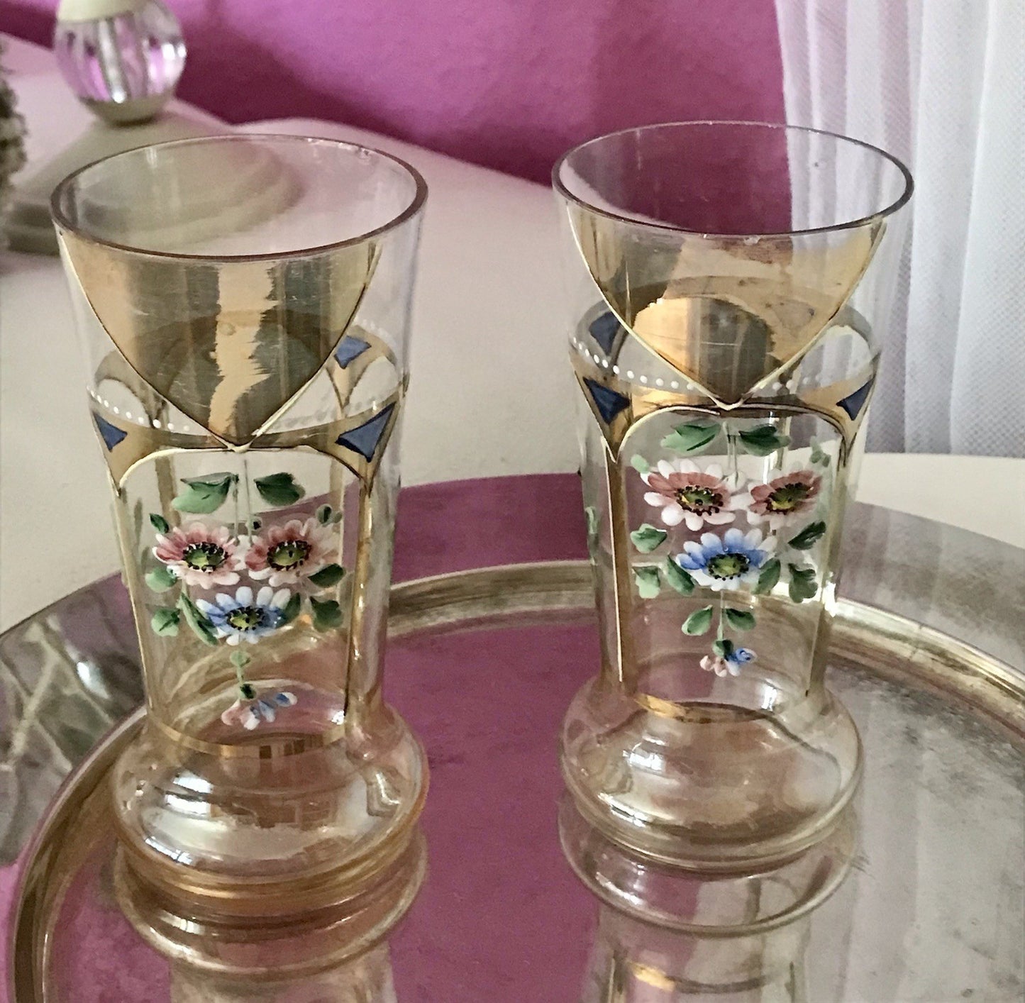 Antik Jugendstil Emaile -Malerei Glas Fußbecher Becher Pokal Bierglas irisierend