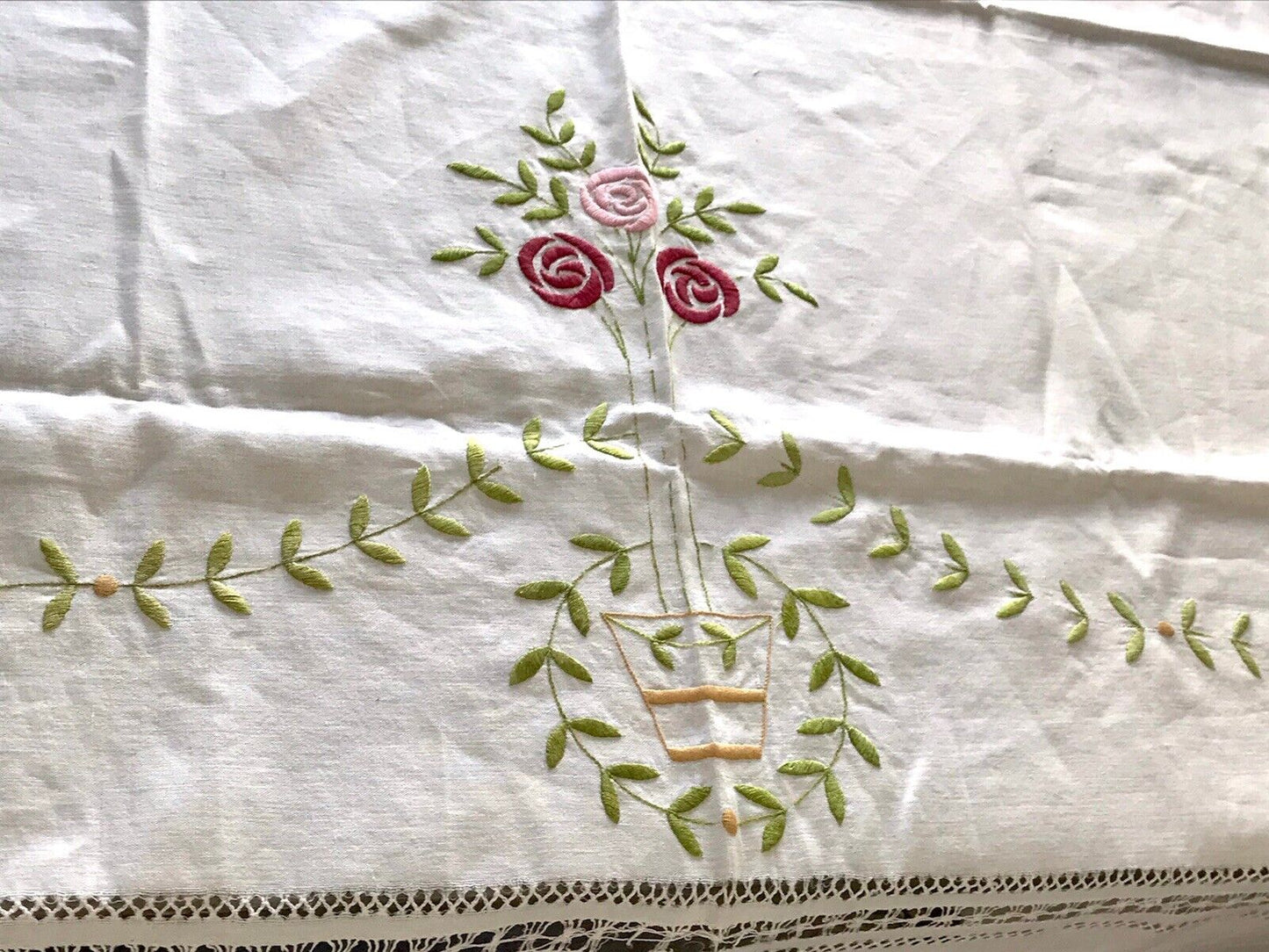 Antik Leinen Jugendstil Tischdecke natur bunt Rosen Stickerei 136 cm x 205 cm