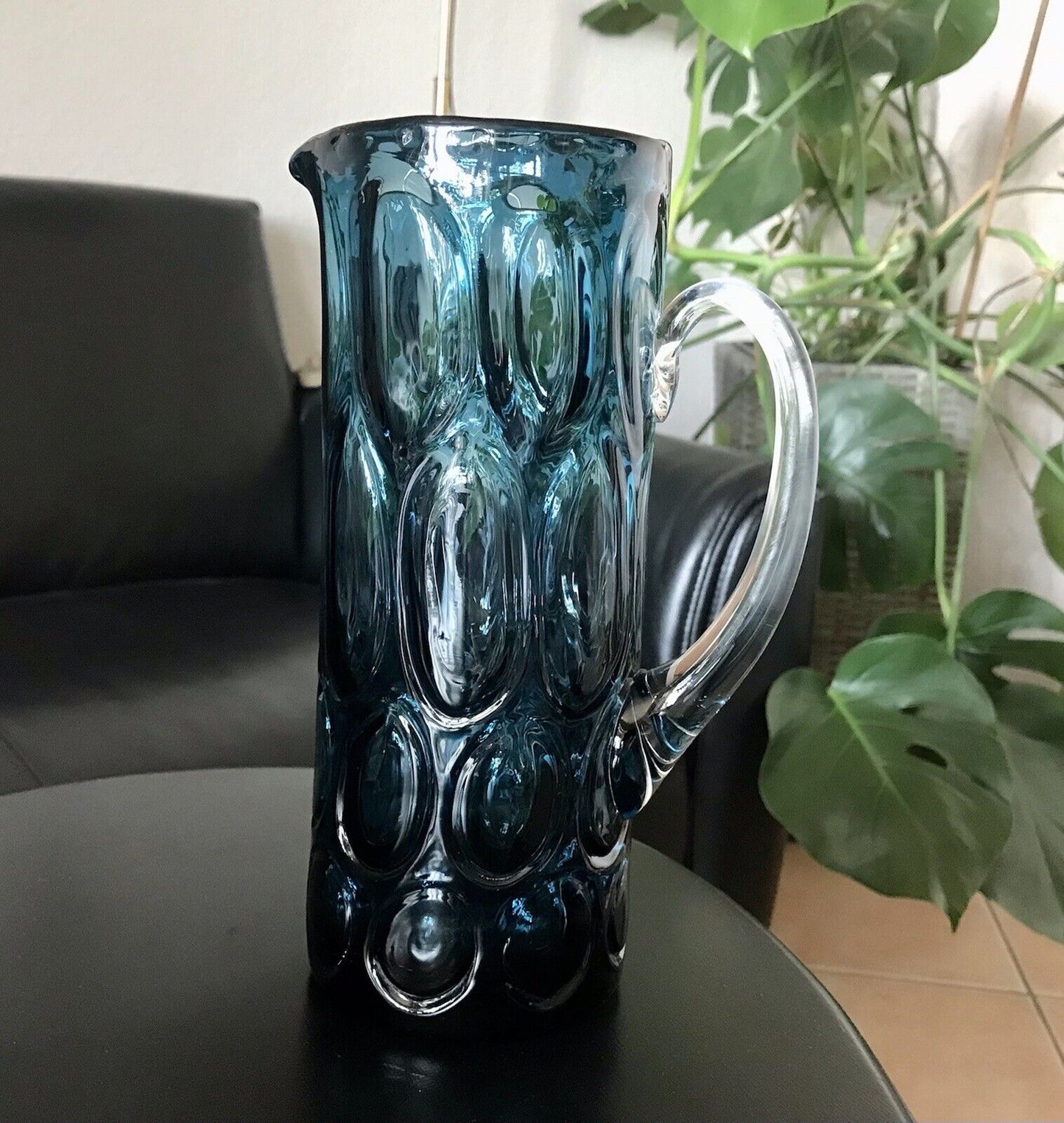 Vintage Designer 60er Krug Kanne Karaffe Space Age Glas Bubble Struktur blau