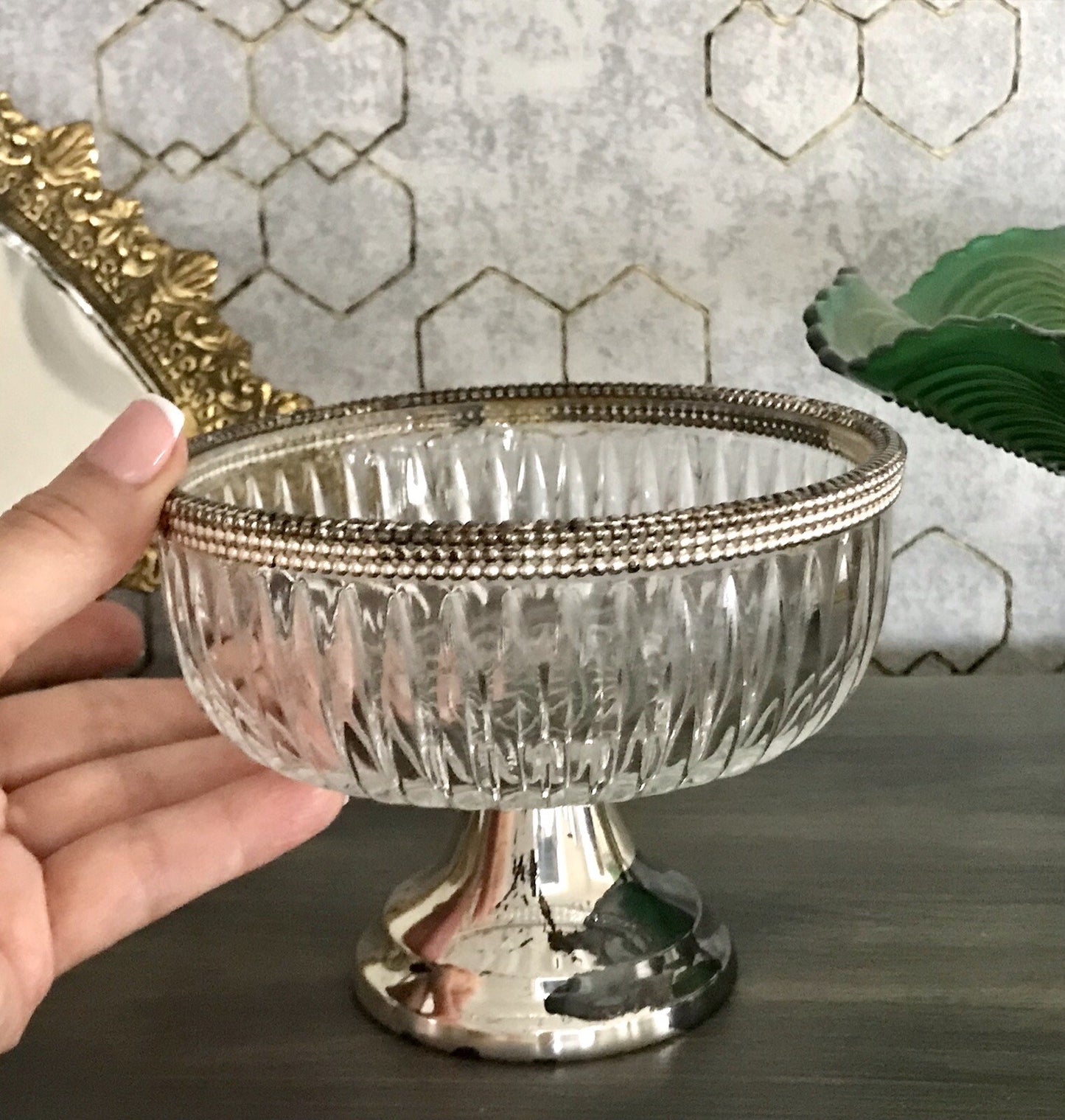 Vintage Glasschale Fußschale Schale Glas versilberte Montur Kristallglas?