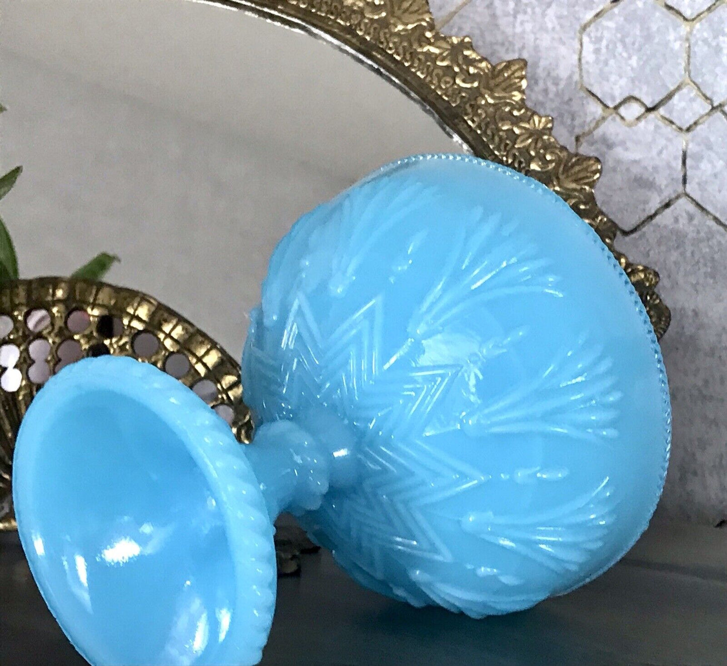 Antik Jugendstil Art Déco Pressglas Schale Fußschale Zuckerschale blau türkis