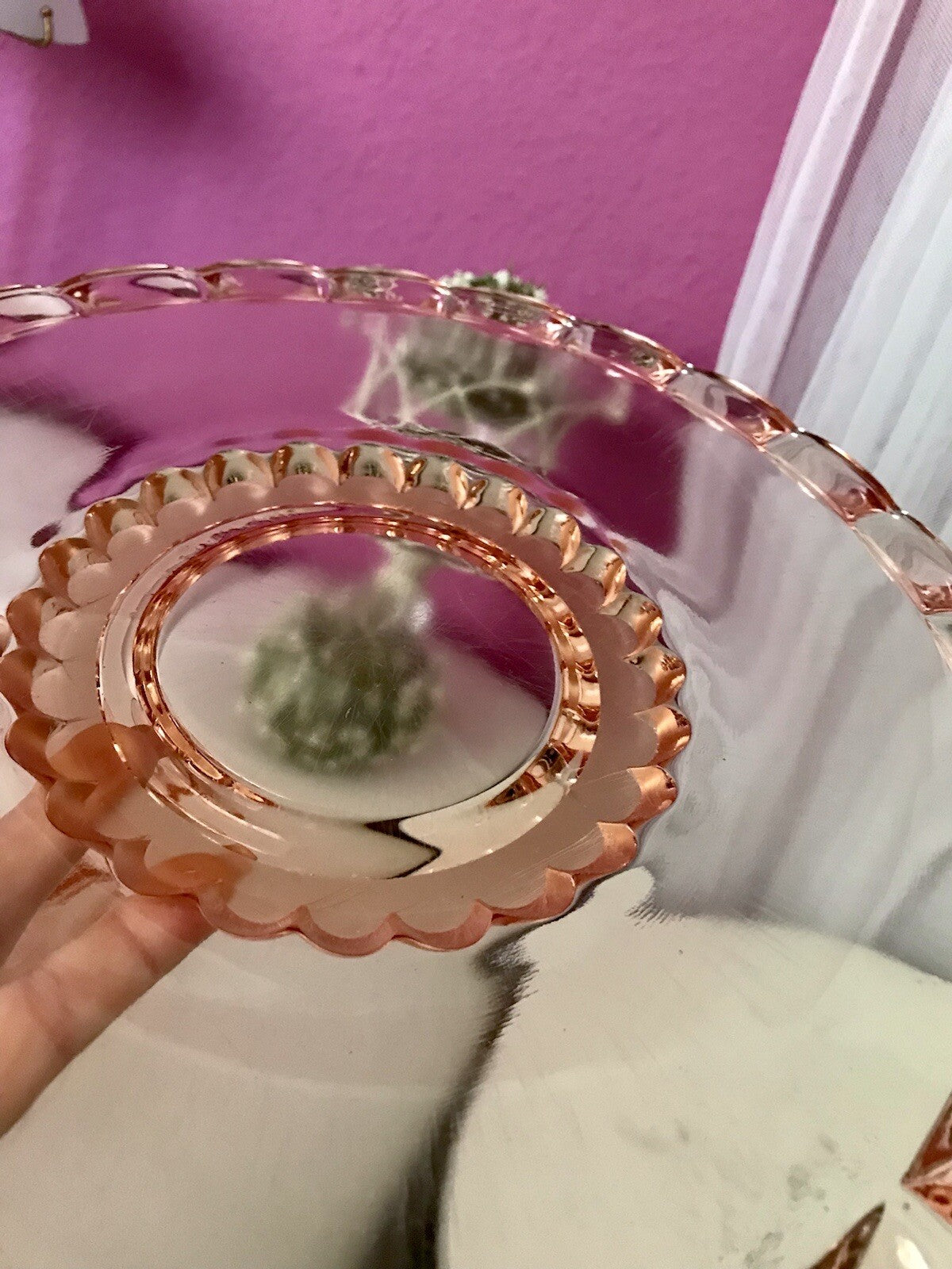 Antik Tortenplatte Tortenständer Rosalin Glas rosa Art Déco Pressglas