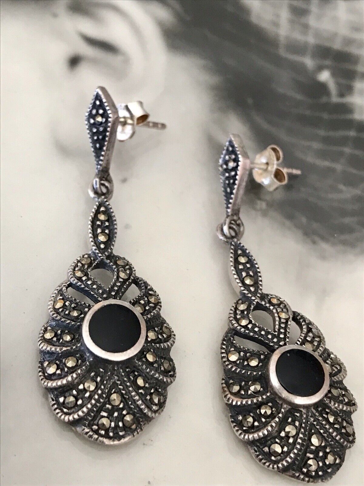 Antik Art Déco Wunderschön Ohrhänger Ohrringe DAMEN Silber 925 Onyx Markasite