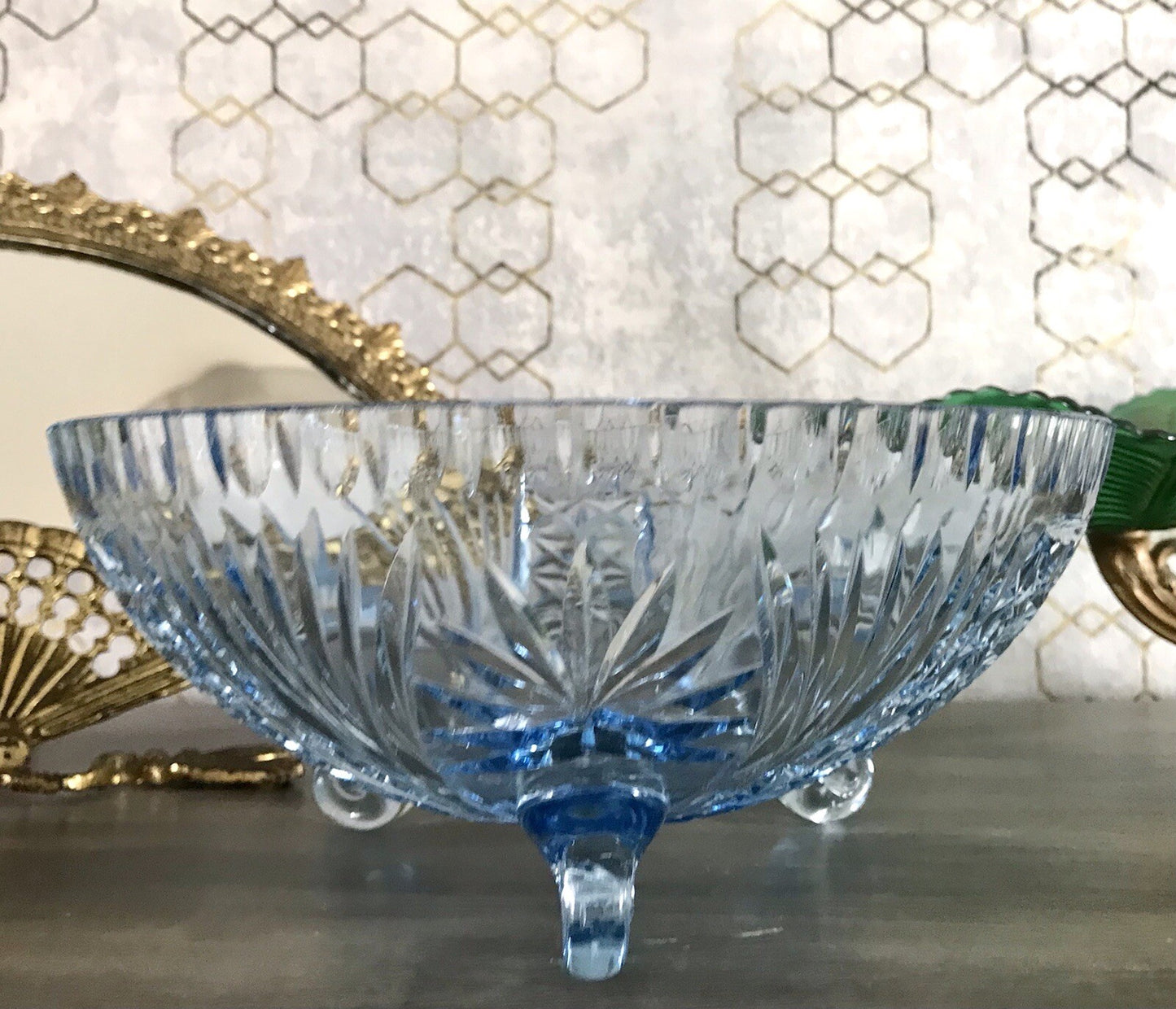 Antik EDEL blau Art Déco Schale Glasschale mundgeblasen geschliffen 3füssig