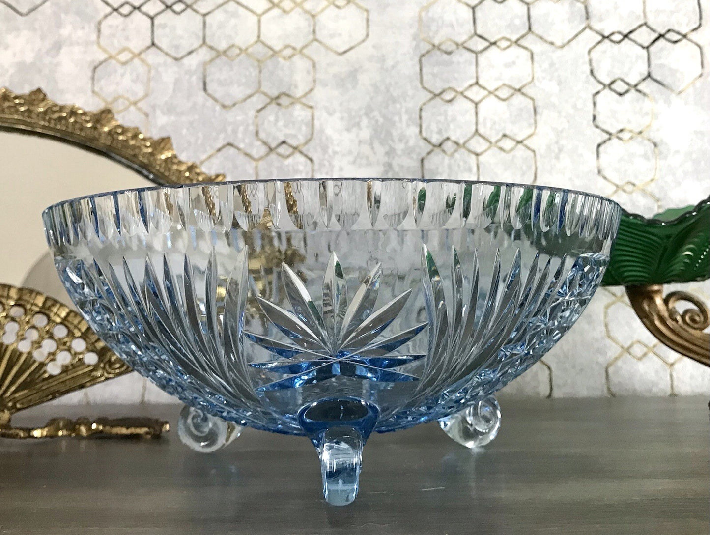 Antik EDEL blau Art Déco Schale Glasschale mundgeblasen geschliffen 3füssig