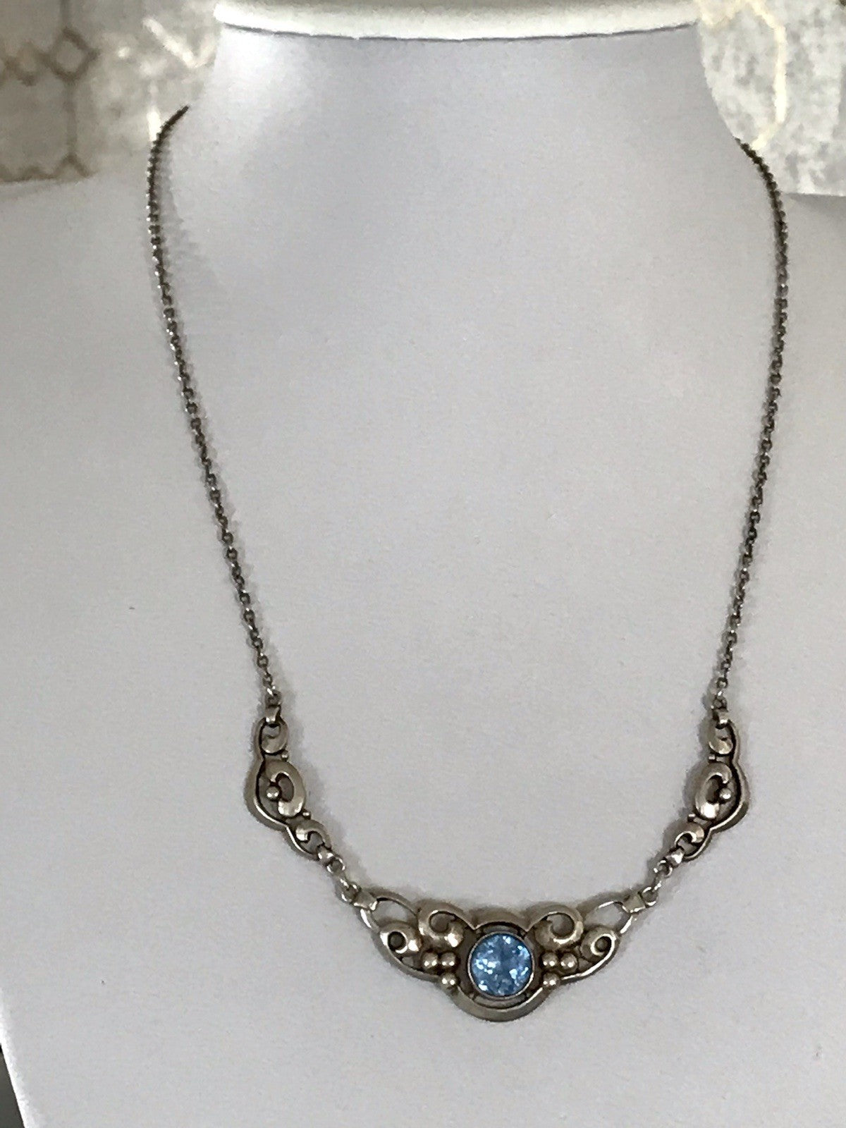 Antik 835 Sterling Silber Collier Halskette Kette Blauer Stein FBM