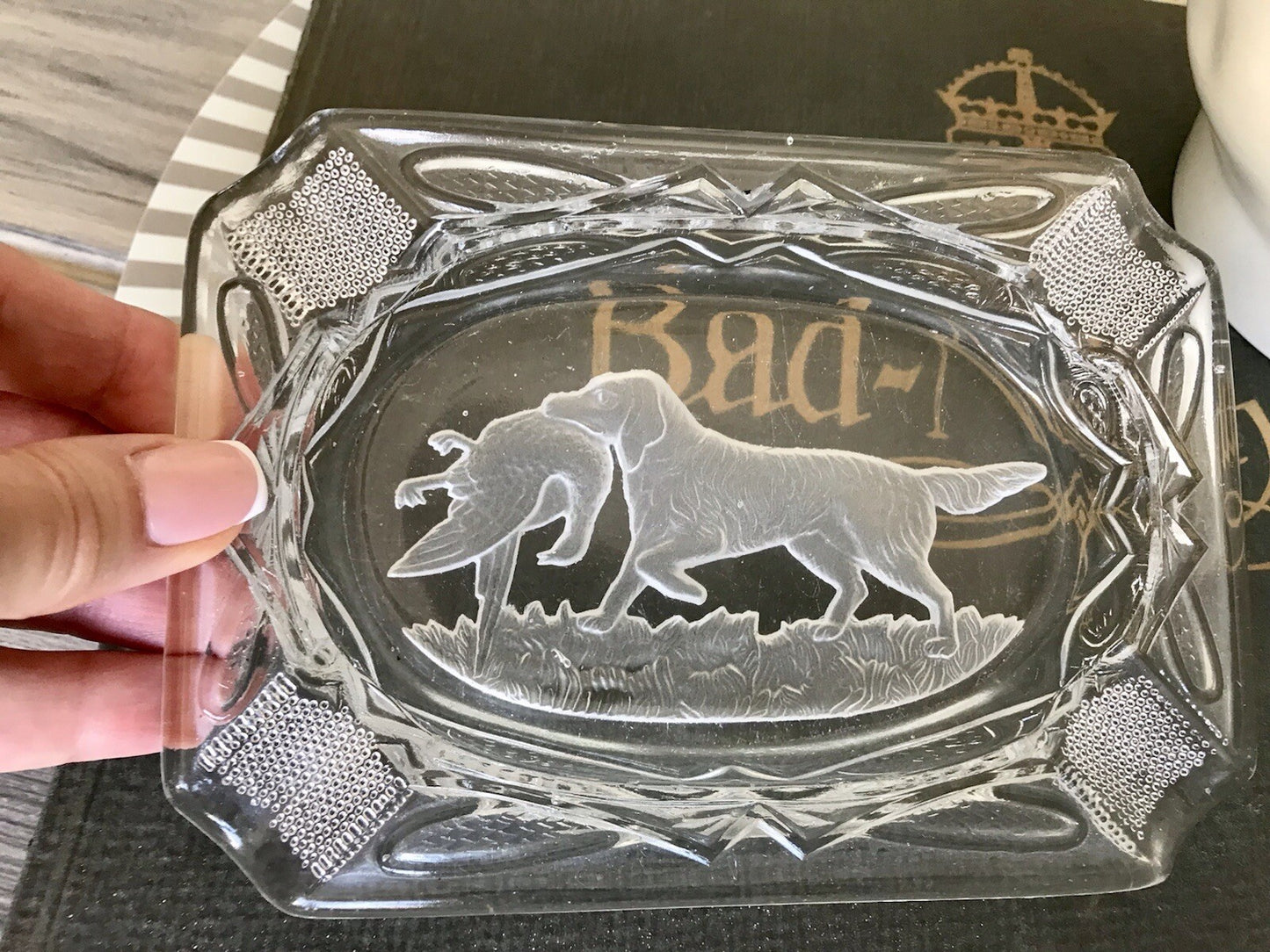 Antik alt Jugendstil Aschenbecher Ascher farblos Glas Pressglas Jagdszene Hund