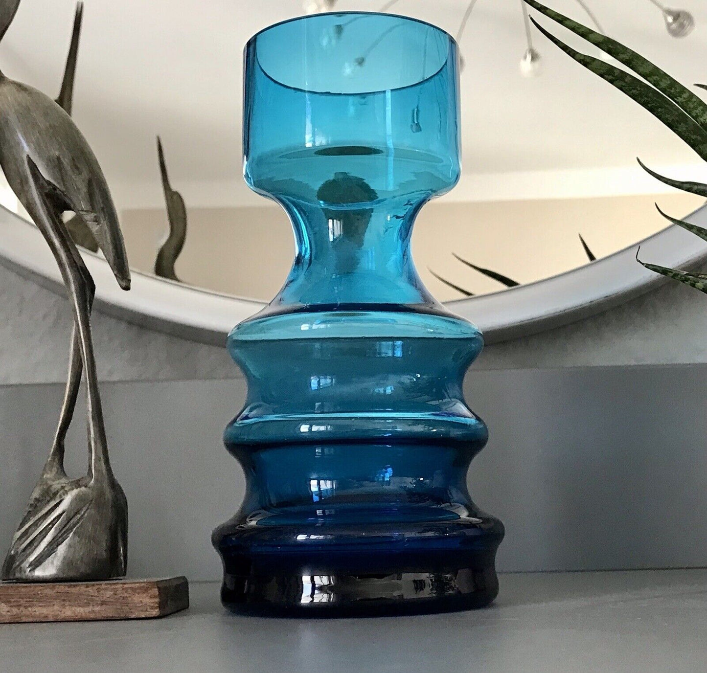 Vintage MCM 60er 70er Jahre blau Glas Kerzenständer Vase Blumenvase Glasvase