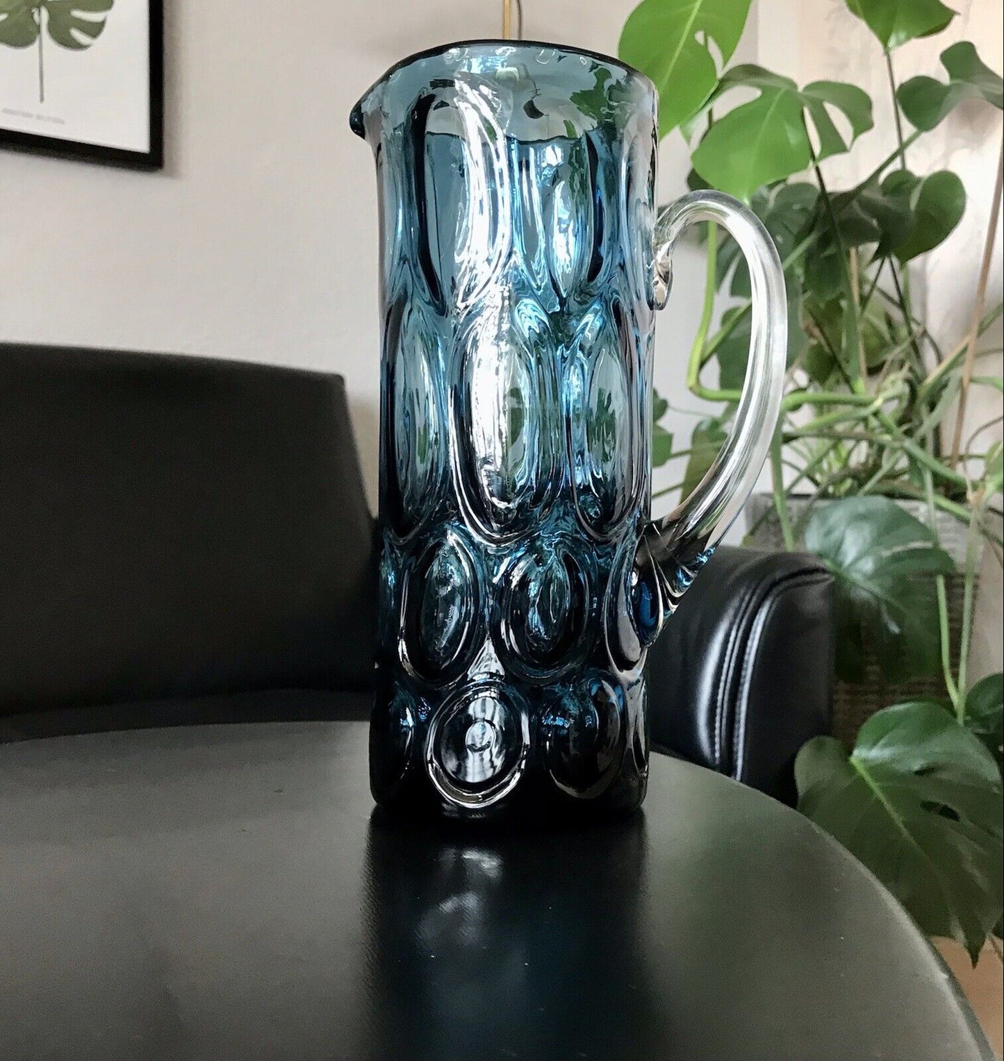 Vintage Designer 60er Krug Kanne Karaffe Space Age Glas Bubble Struktur blau