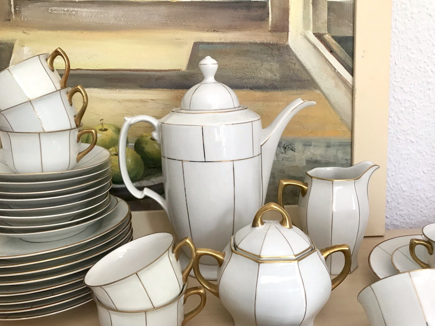 Antik Art Déco Porzellan 10+ Personen Kaffeeservice EDEL weiß Golddekor kantig