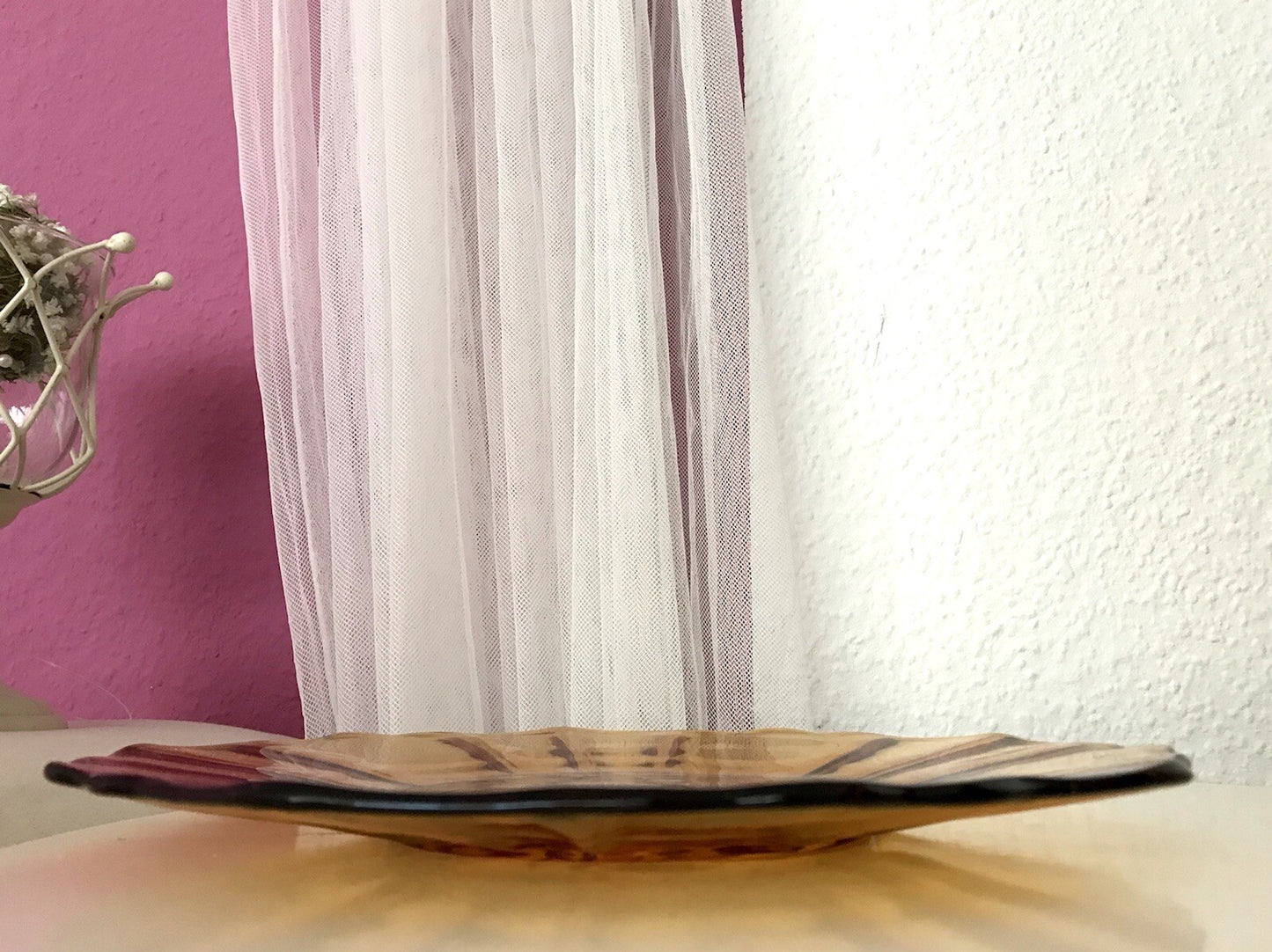 Antik Tortenplatte Kuchenplatte Glas Bernstein gelb Art Déco Pressglas Obstmotiv