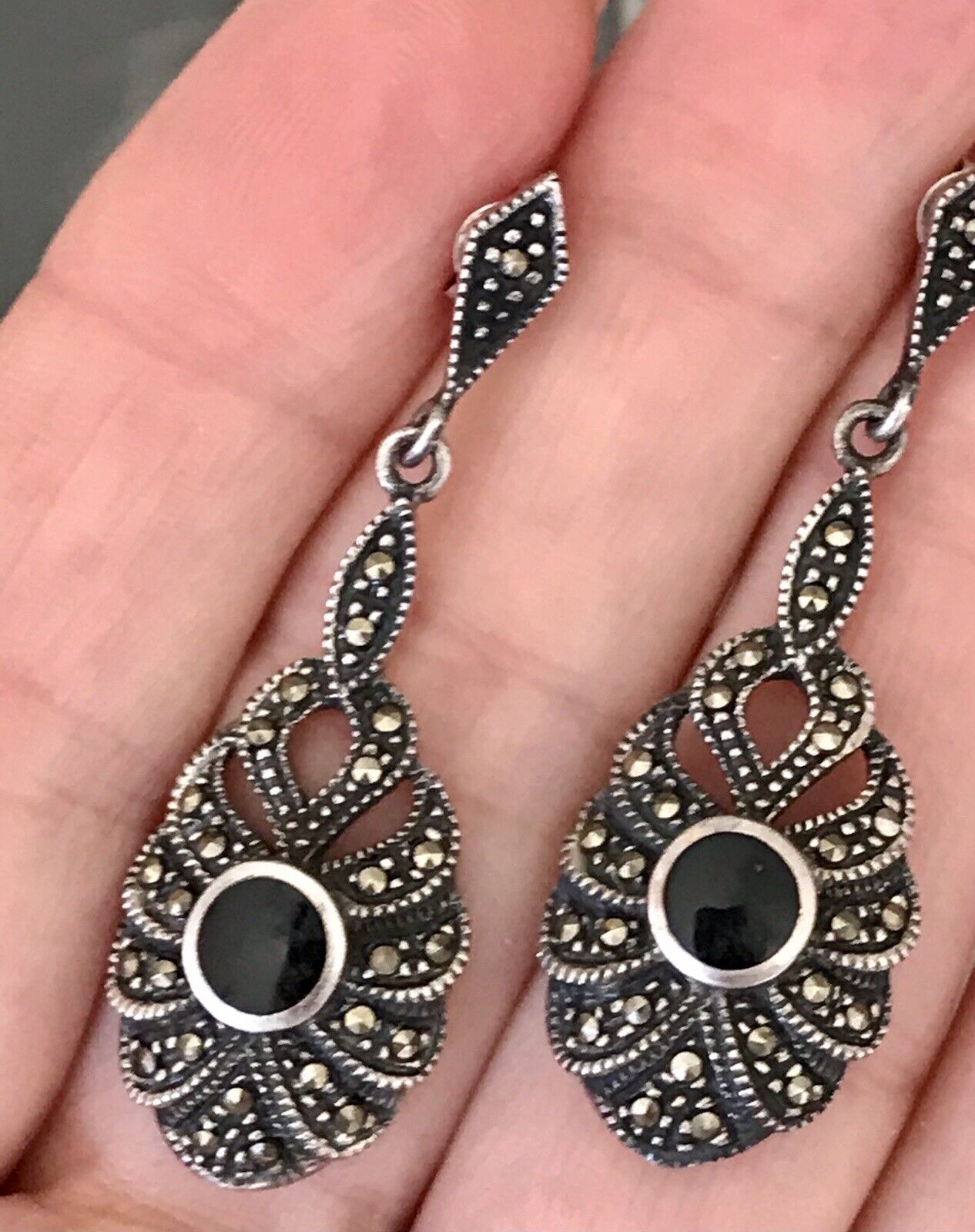 Antik Art Déco Wunderschön Ohrhänger Ohrringe DAMEN Silber 925 Onyx Markasite