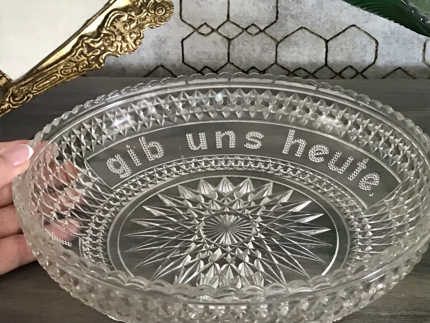 Art Déco Pressglas Schale Antik Brotschale Unser täglich Brot gib uns heute Glas