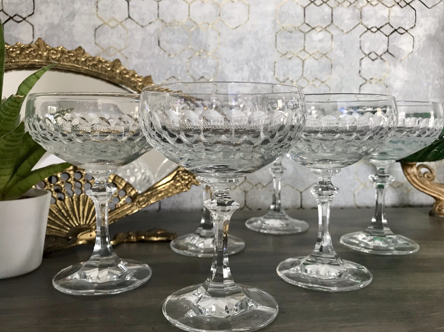 Vintage 8x Champagnerschalen Sektschalen Kristallglas Schliff Bleikristall