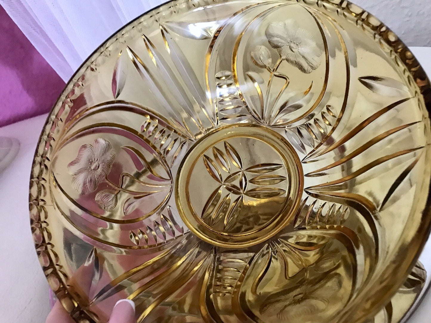 Antik Art Déco Vintage Pressglas Schale gelb Klatschmohn