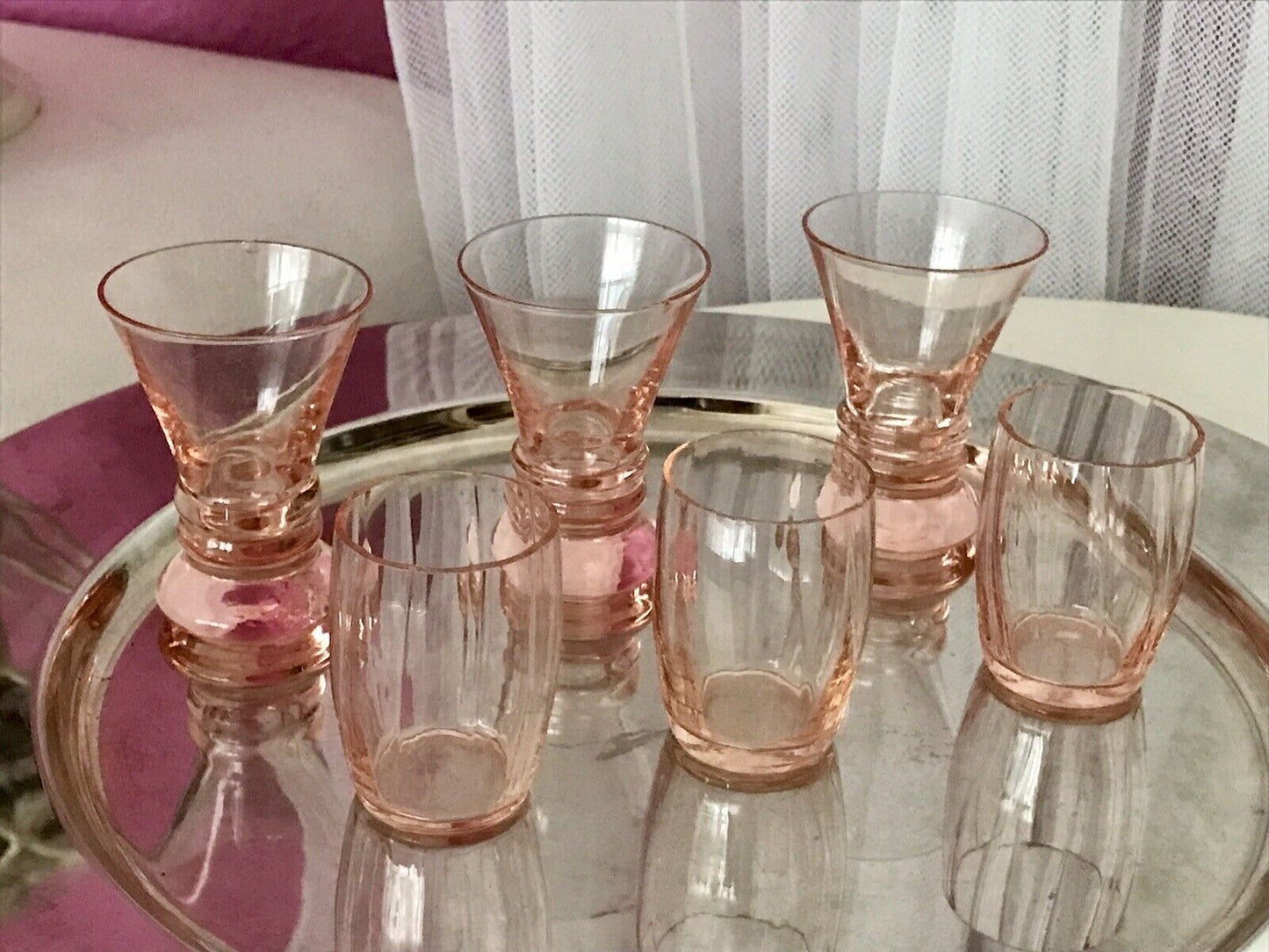 Antik ~1900 -20 6x Schnapsgläser Likör Gläser Pinchen optisch gerippt Glas rosa