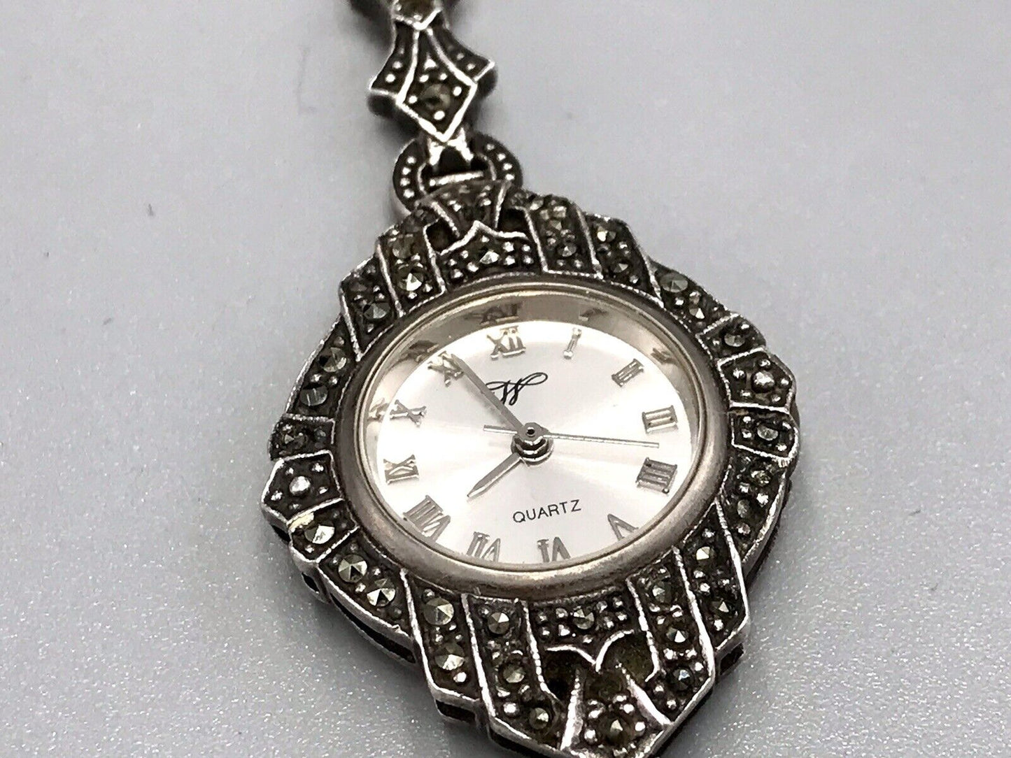 Vintage EDEL!!! Art Déco Stil 925 Silber Armbanduhr Damen Markasite wundervoll!
