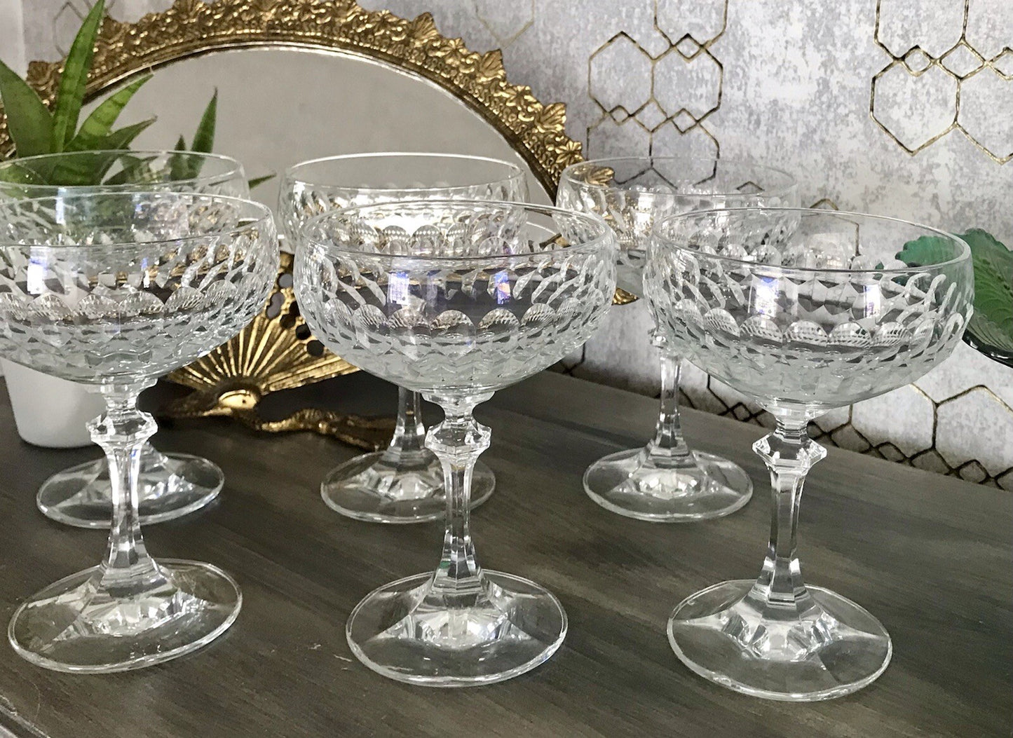 Vintage 8x Champagnerschalen Sektschalen Kristallglas Schliff Bleikristall