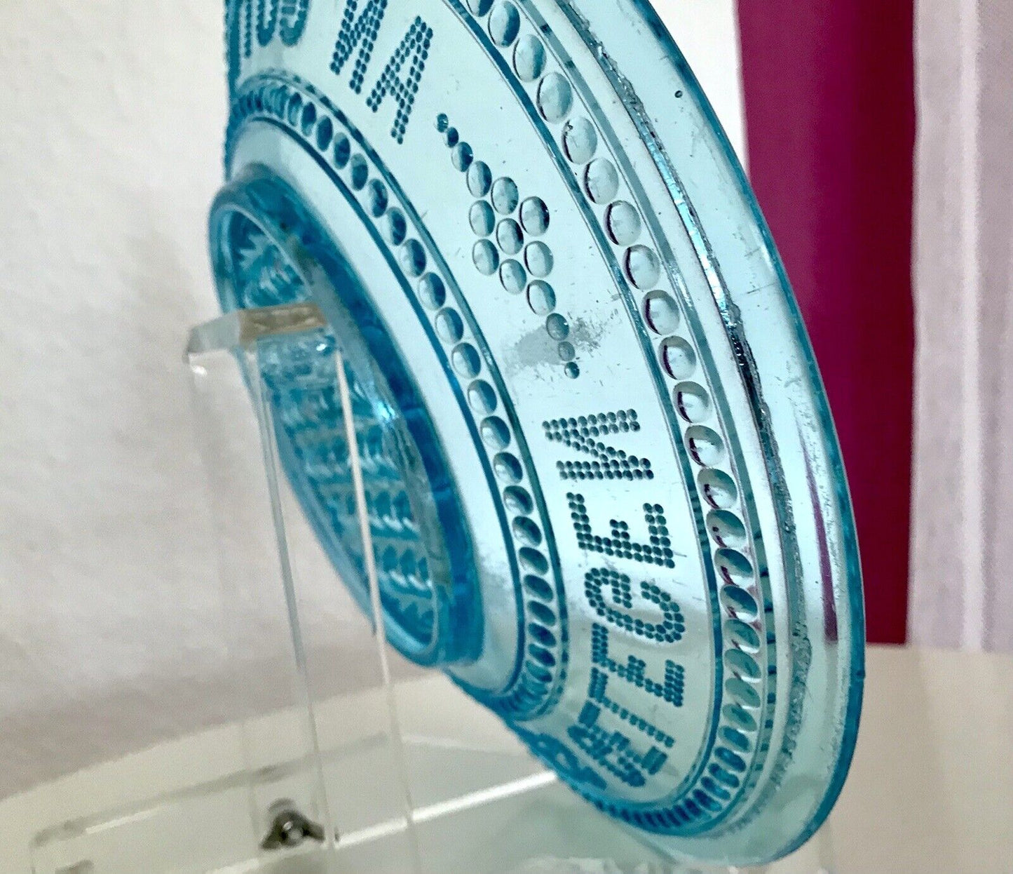 Antik Art Déco Pressglas Schale türkis blau An Gottes Segen ist alles gelegen